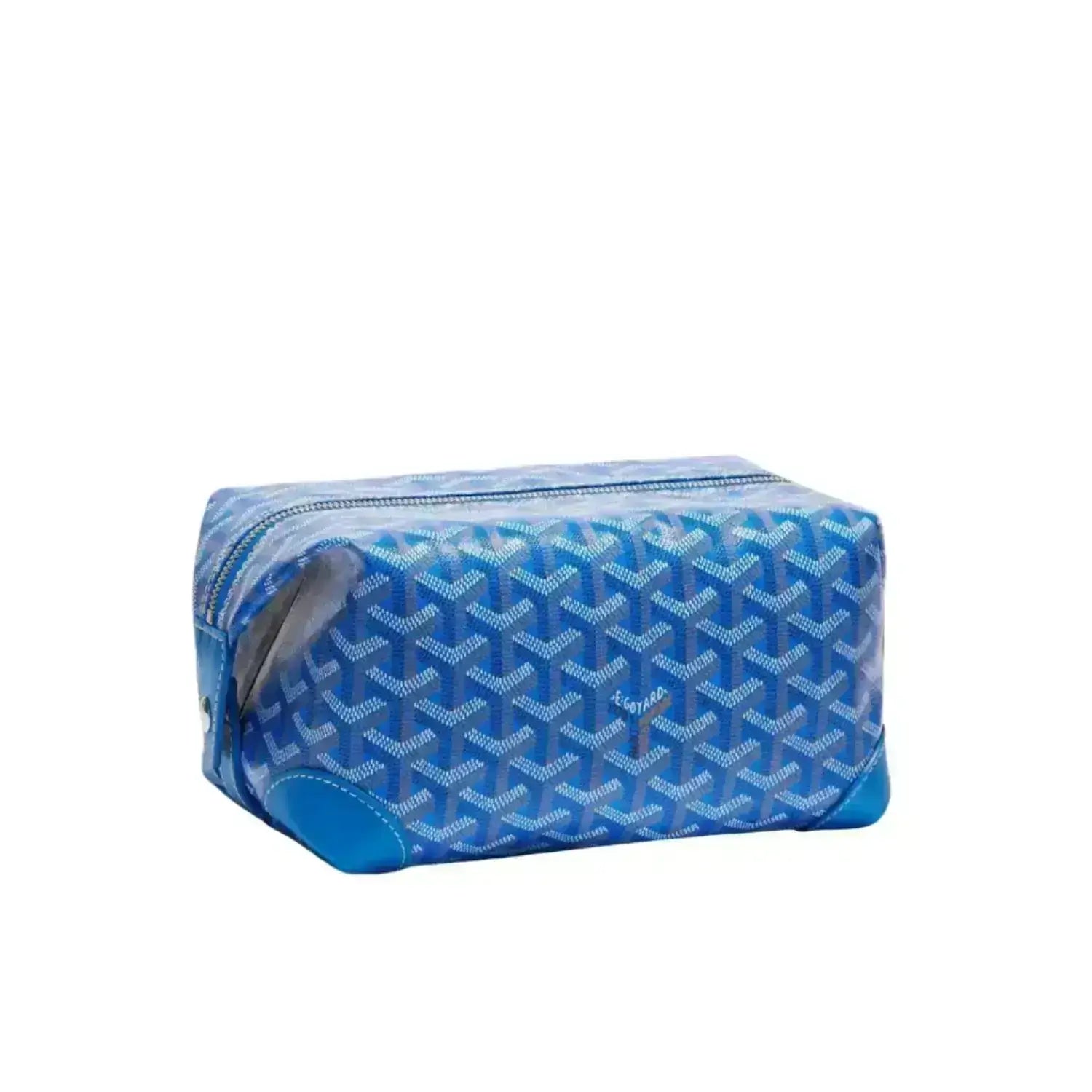 Goyard patterned toiletry bag on a white background