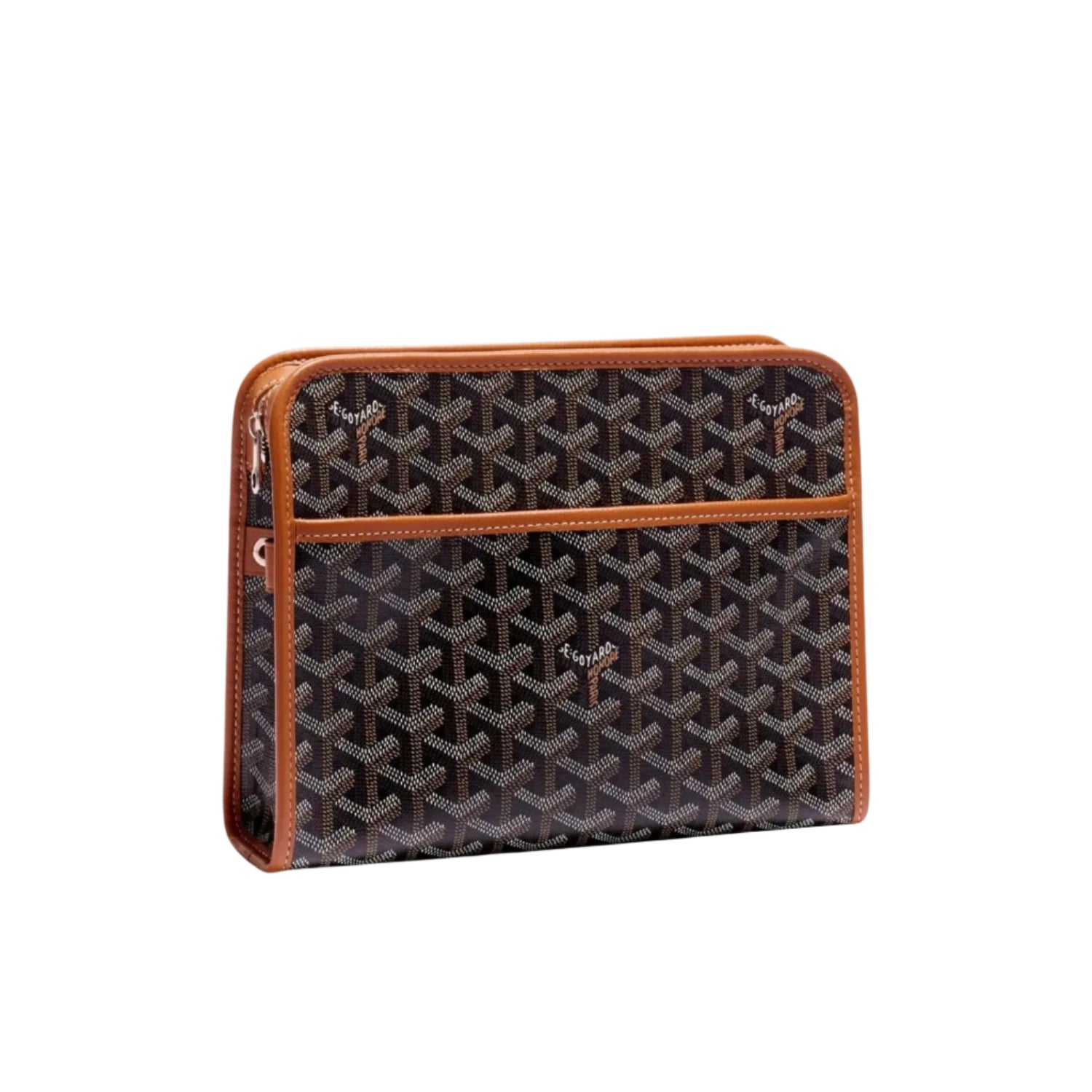 Brown travel pouch with iconic Goyard pattern on a white background