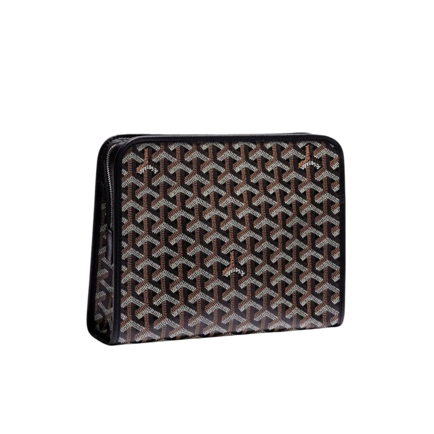 Navy coloured travel pouch with iconic Goyard pattern on a white background