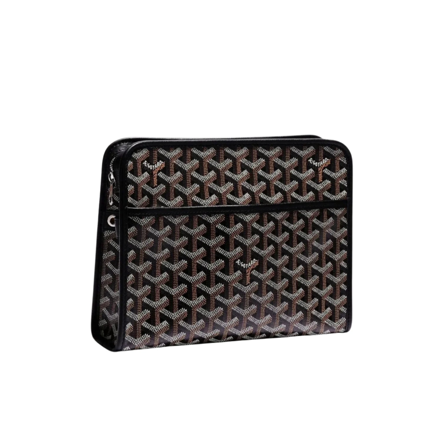 Designer travel pouch with iconic Goyard pattern on a white background