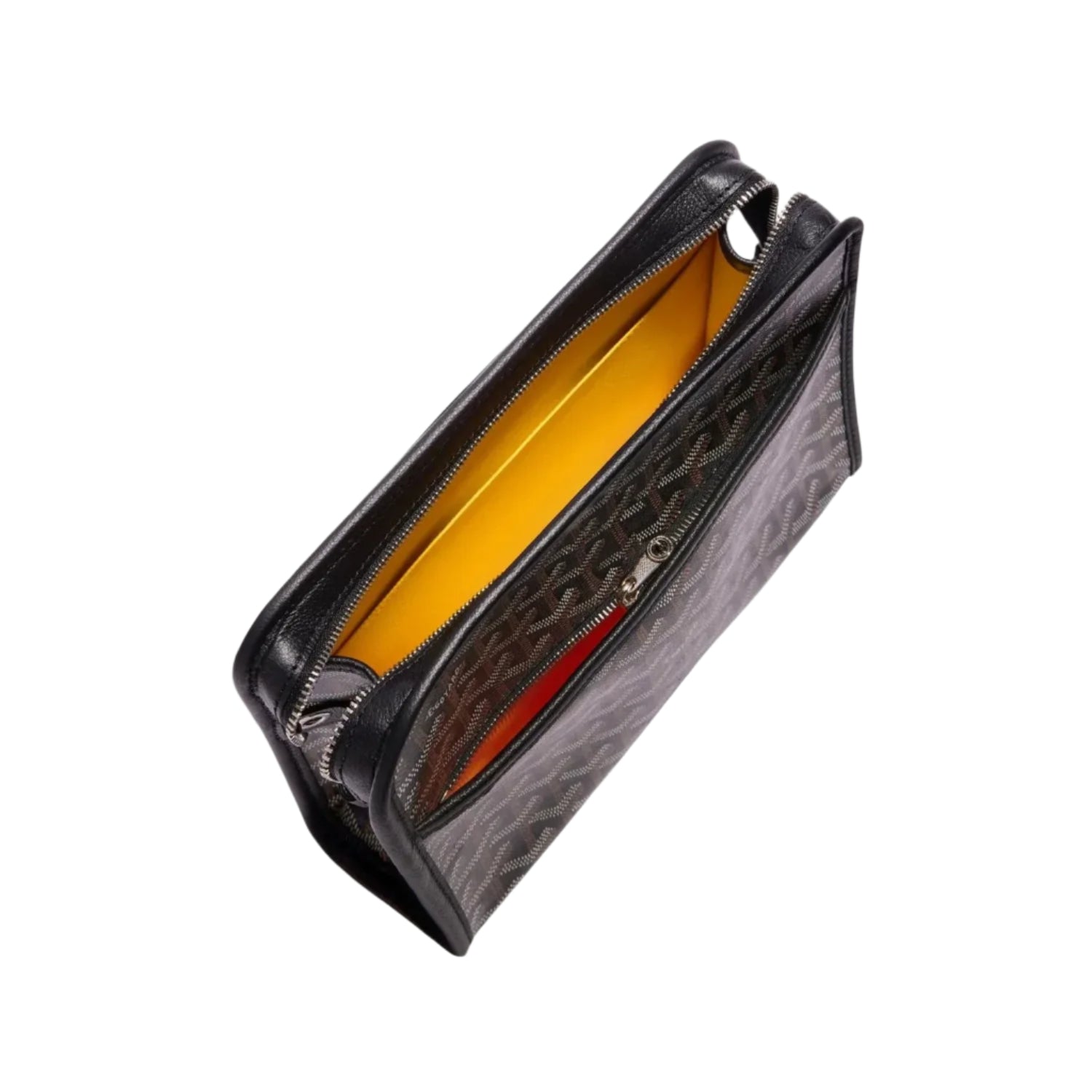 Black leather clutch bag with open front zipper on a light gray background