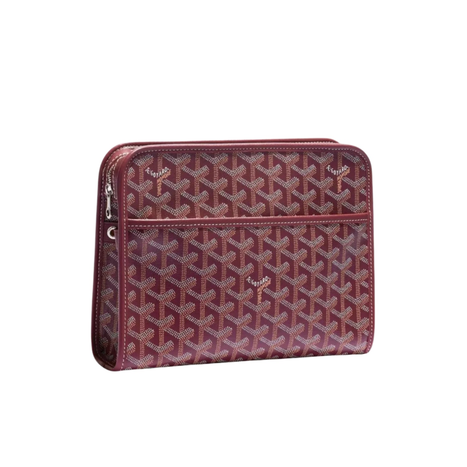 Burgundy coloured travel pouch with iconic Goyard pattern on a white background