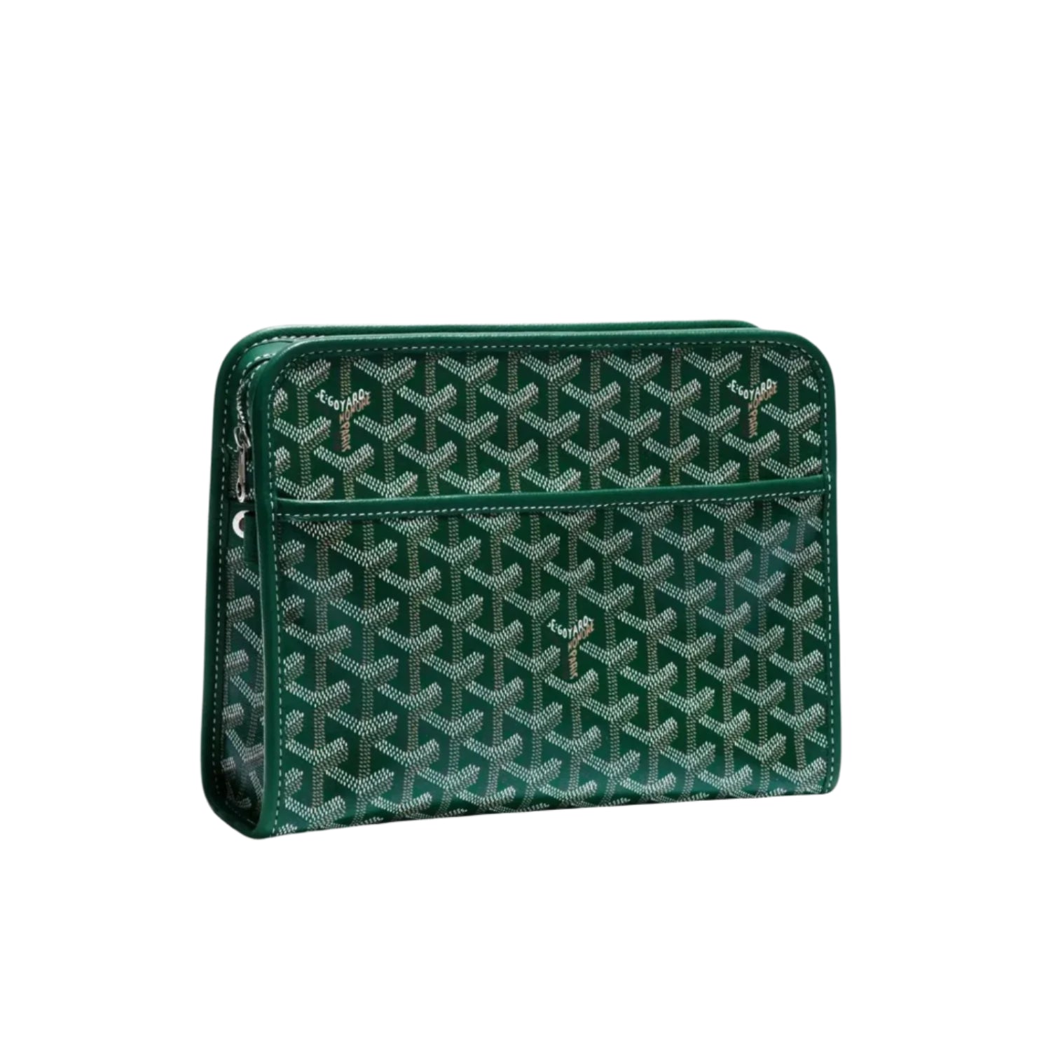 Green travel pouch with iconic Goyard pattern on a white background