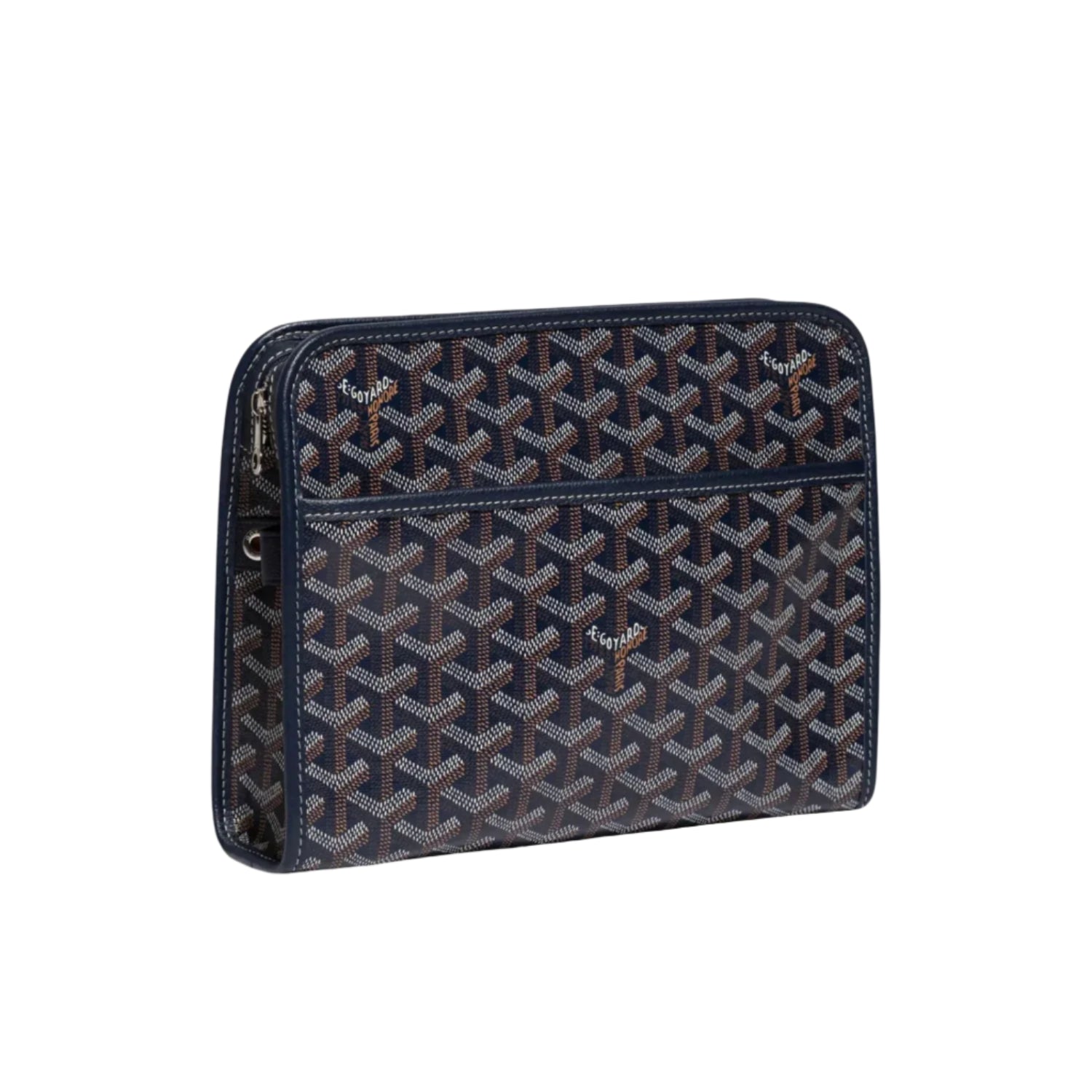 Designer travel pouch with iconic Goyard pattern on a white background
