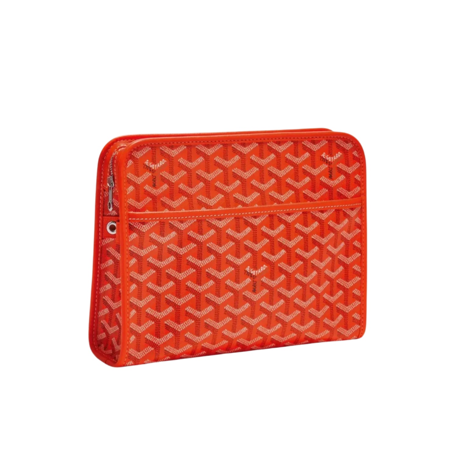 Orange travel pouch with iconic Goyard pattern on a white background