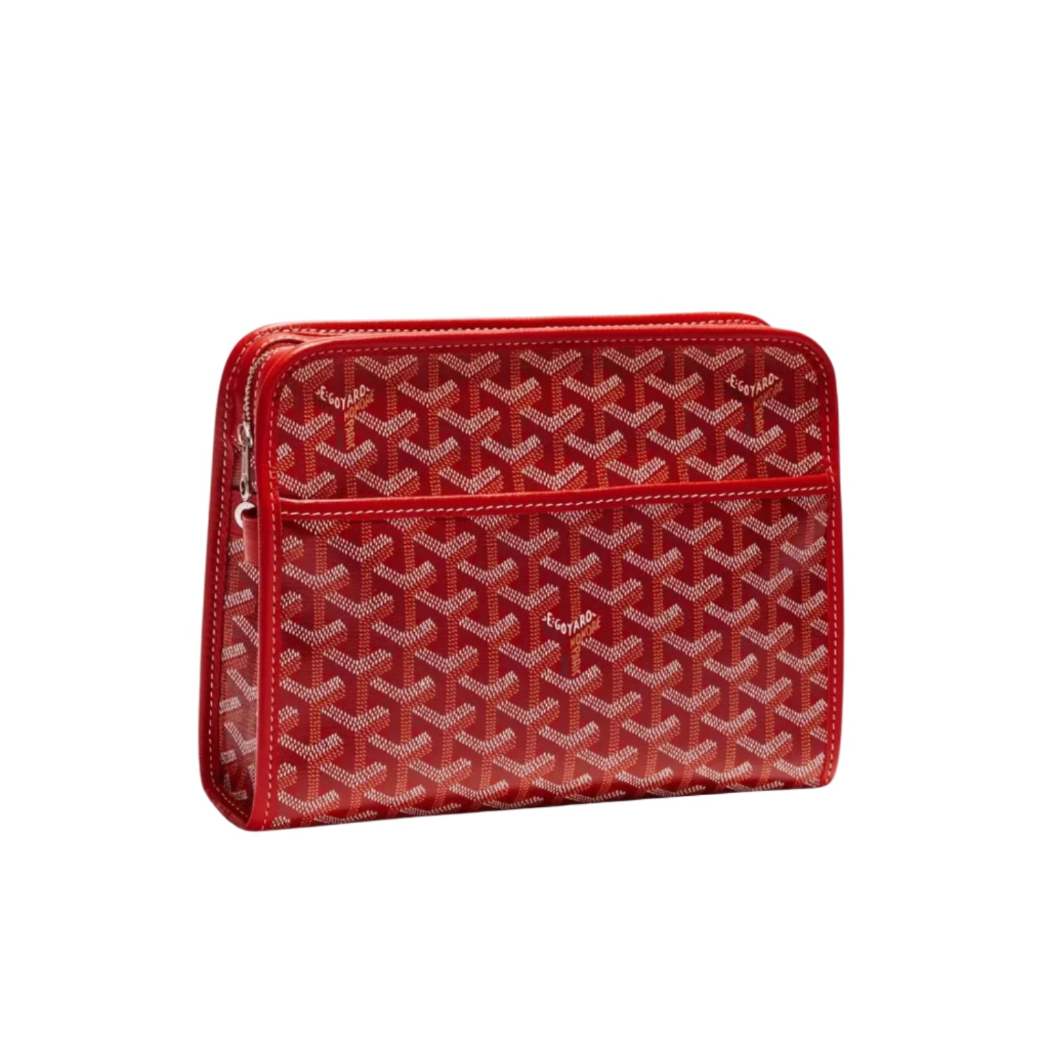 Red travel pouch with iconic Goyard pattern on a white background