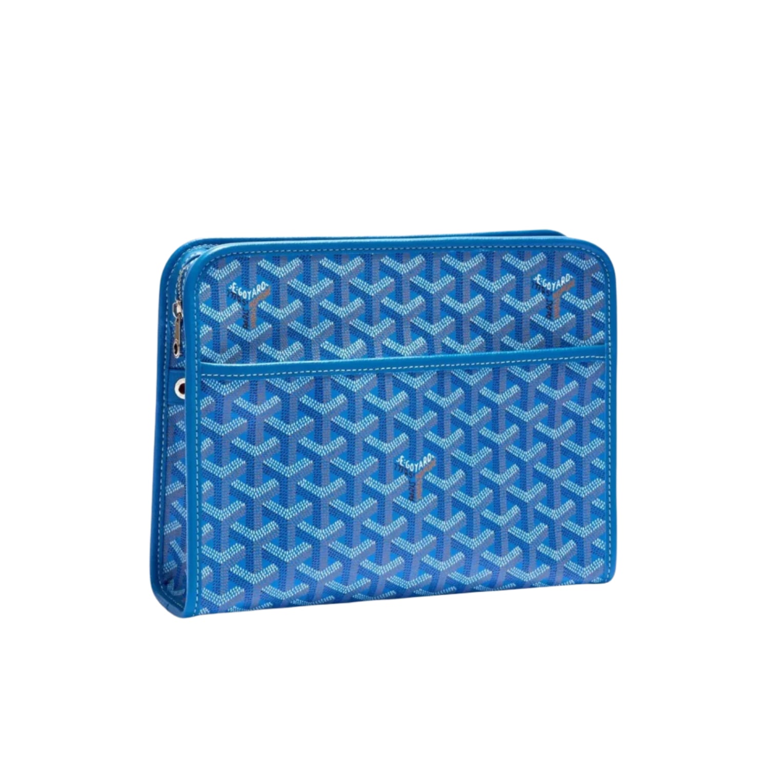 Blue travel pouch with iconic Goyard pattern on a white background