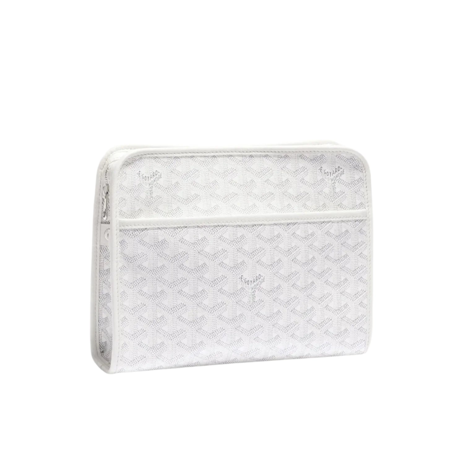 White travel pouch with iconic Goyard pattern on a white background