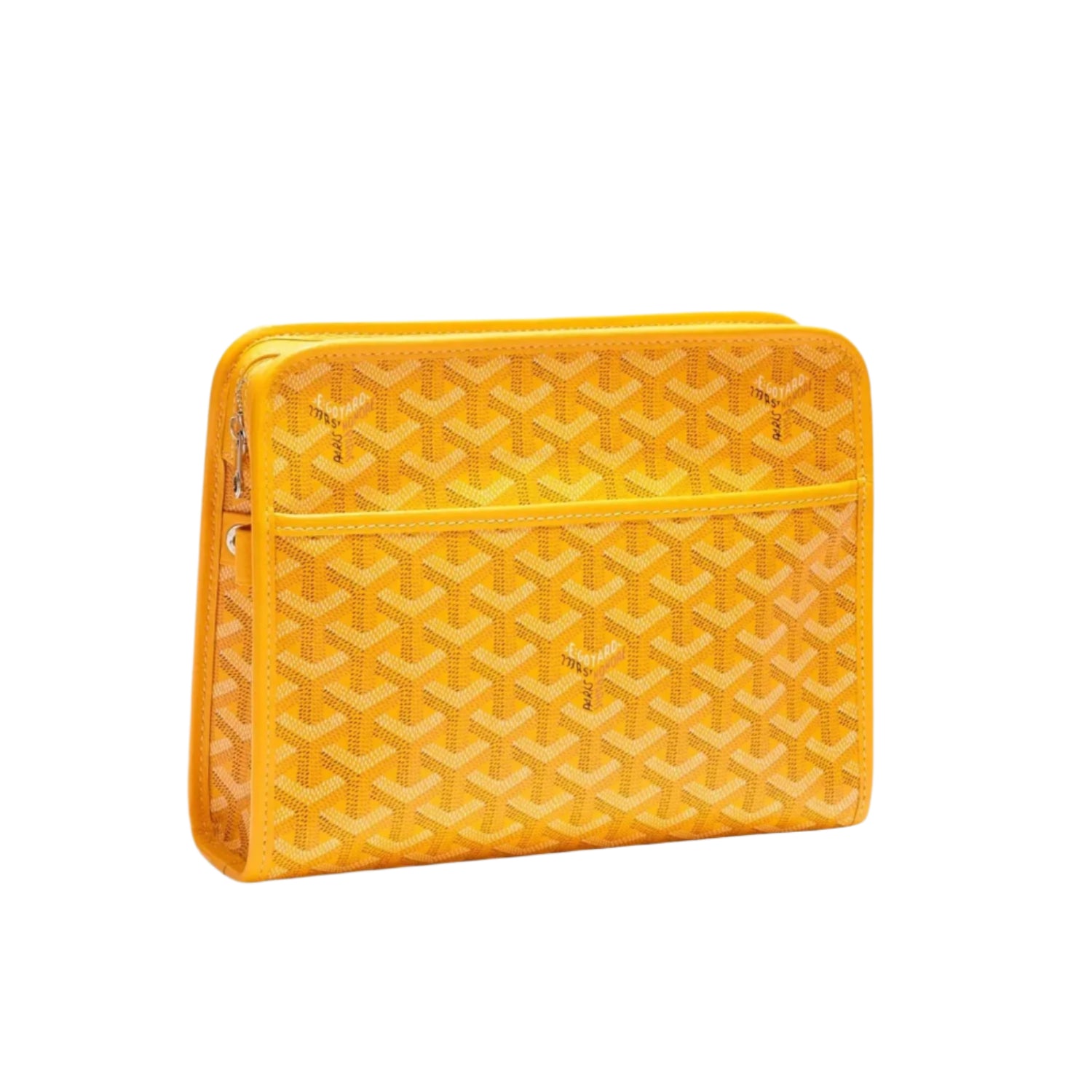 Yellow travel pouch with iconic Goyard pattern on a white background
