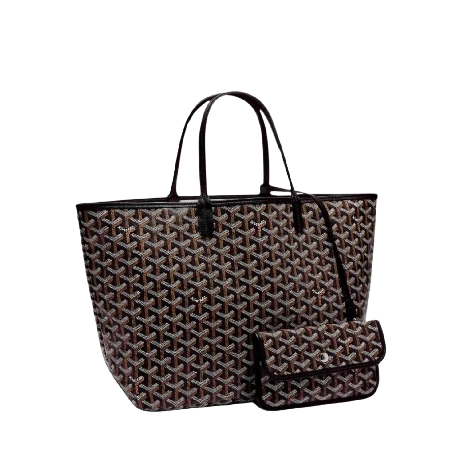 Patterned handbag with matching pouch on a light gray background