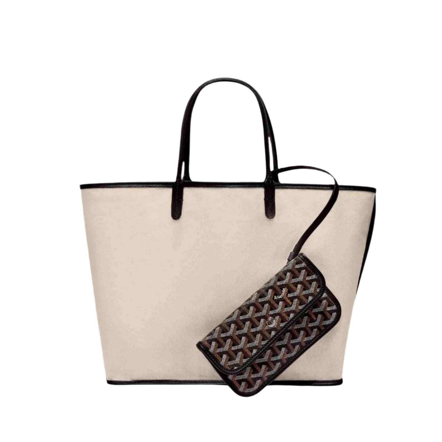 Beige tote bag with a black strap and a matching pouch on a light gray background