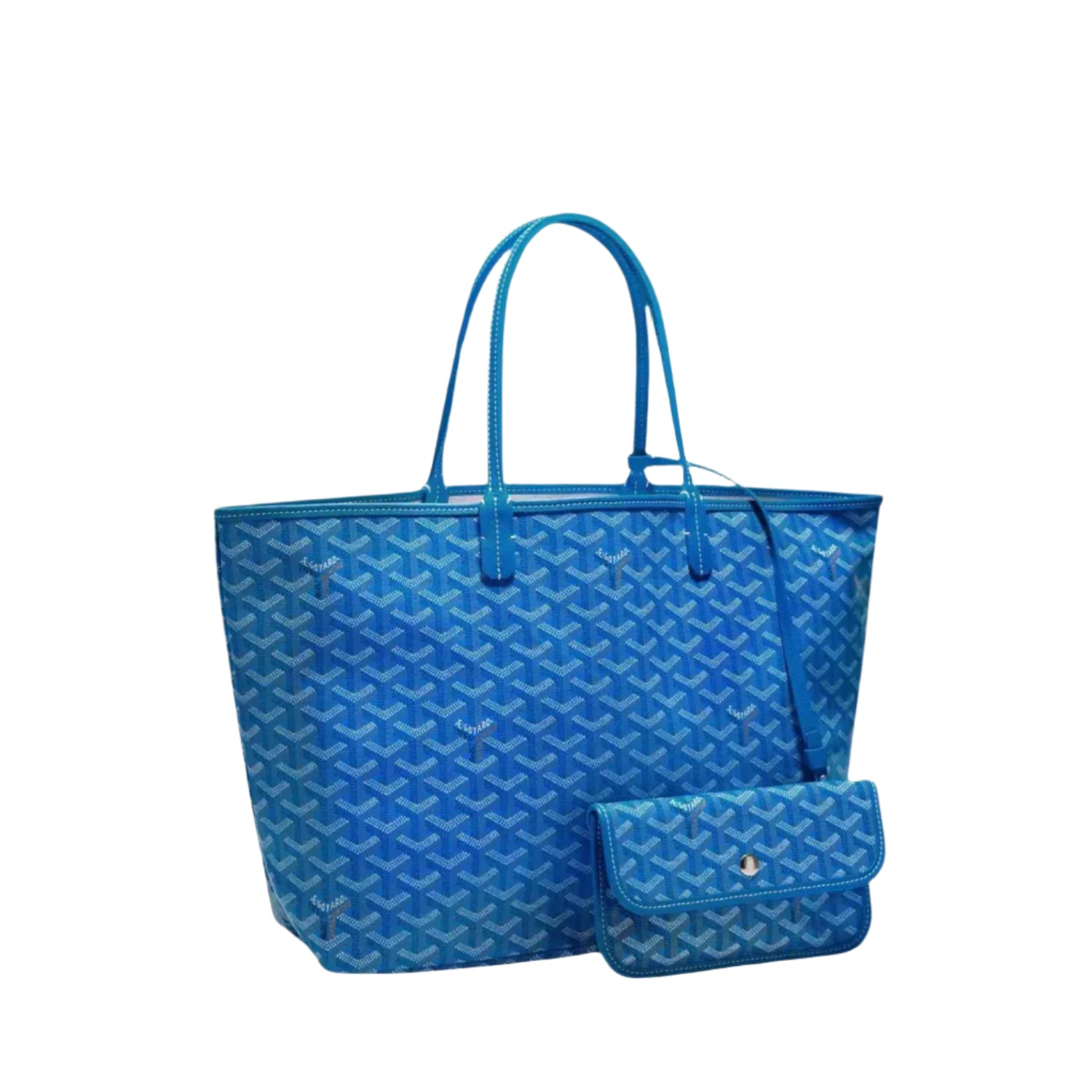 Blue patterned handbag with matching pouch on a light gray background