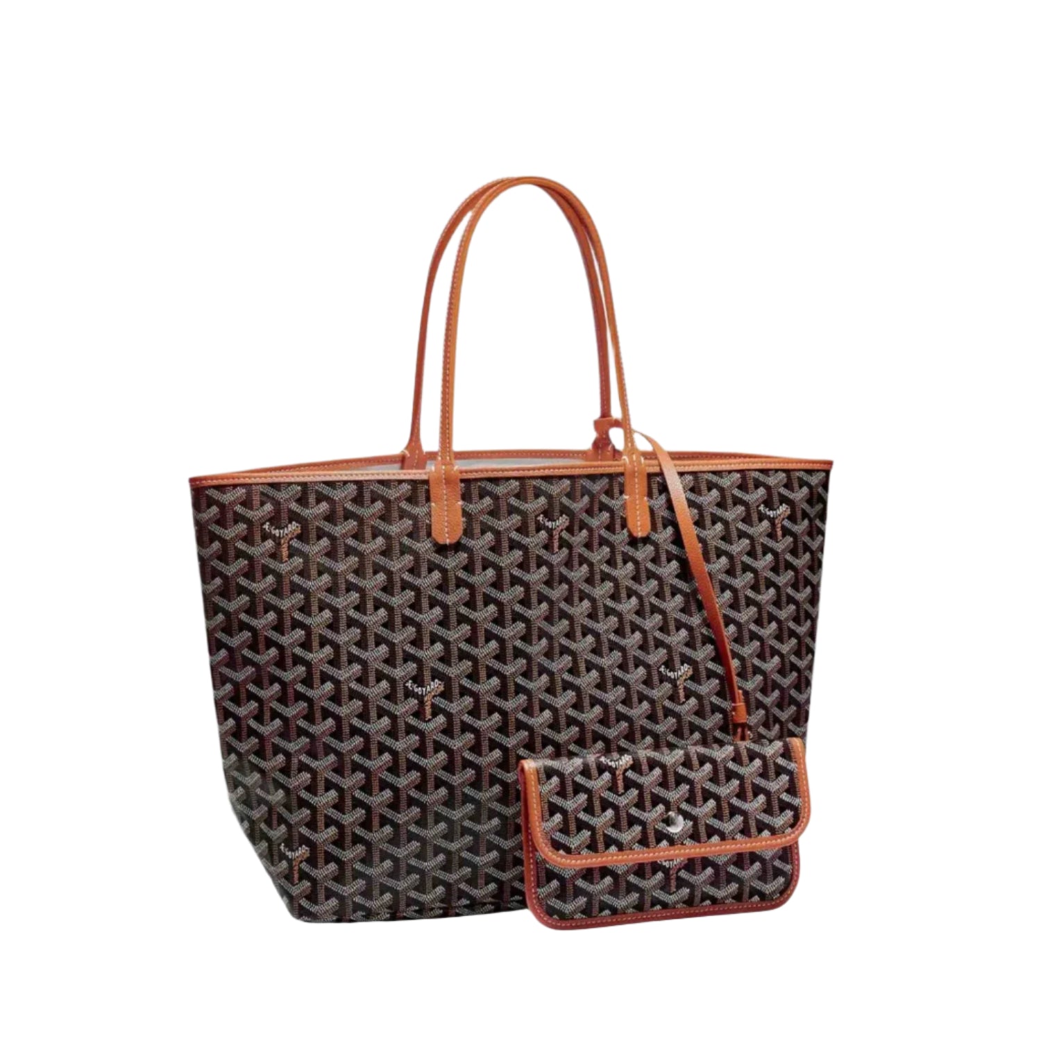 Patterned handbag with brown accents on a light gray background