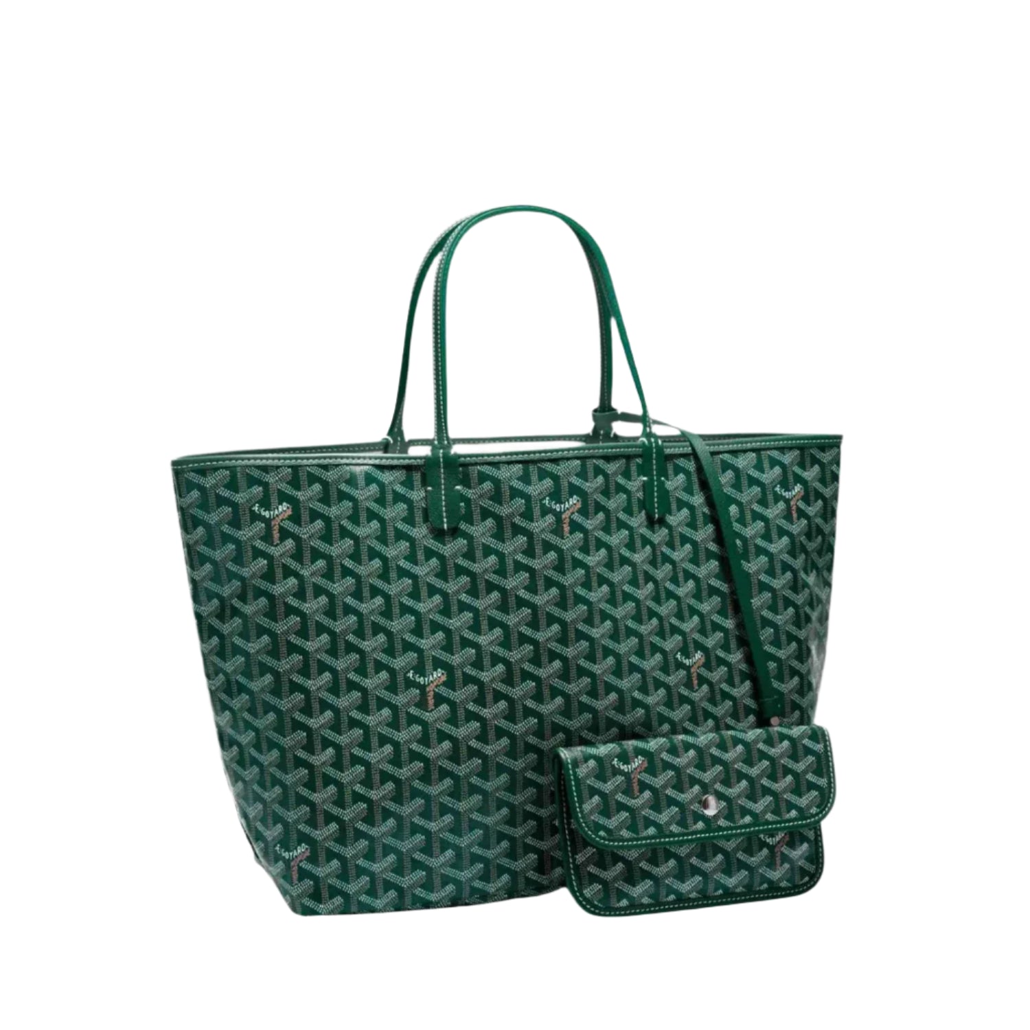 Green handbag with matching pouch on a light gray background