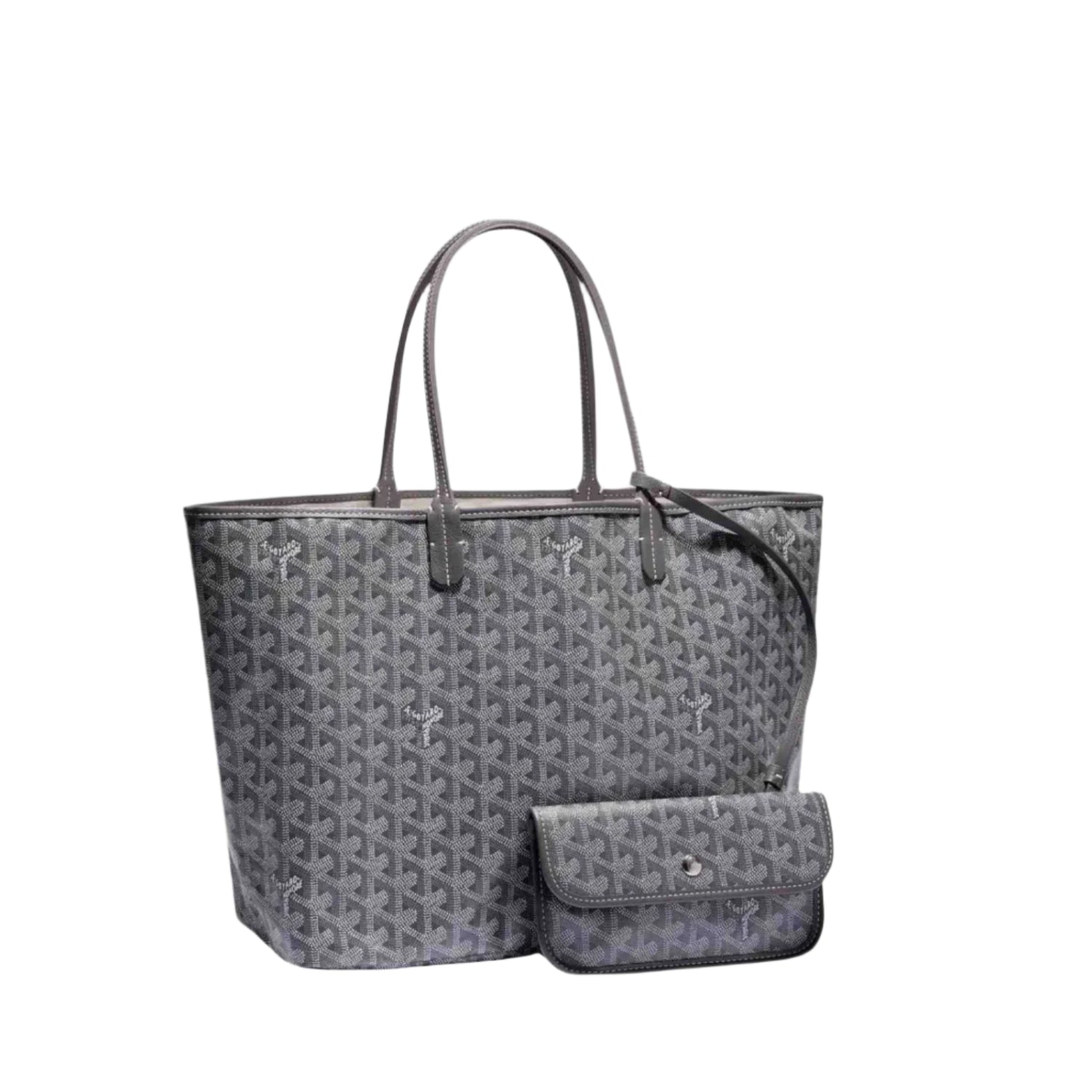 Gray patterned handbag with matching pouch on a light gray background
