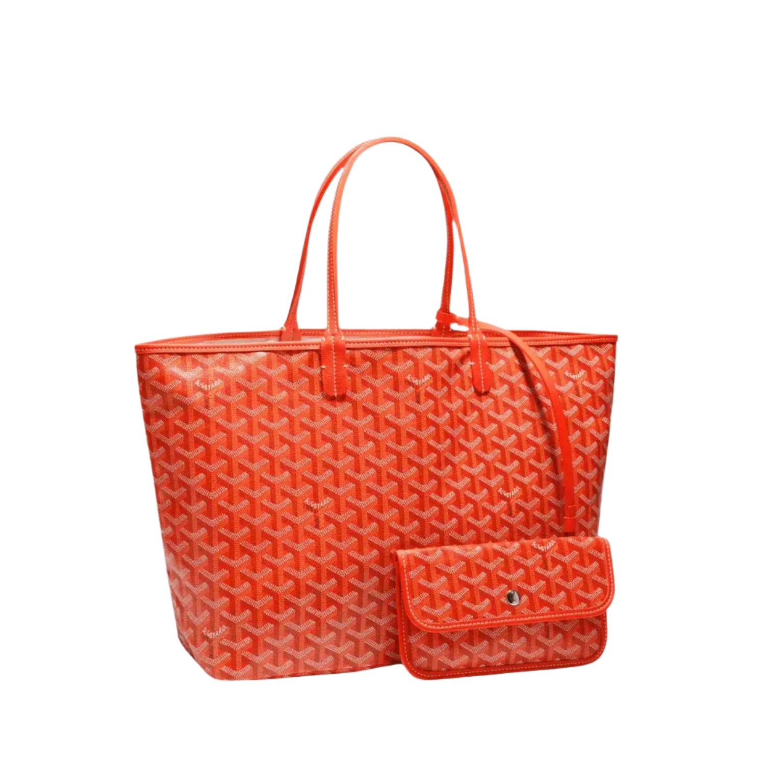 Orange quilted handbag with matching pouch on a light gray background