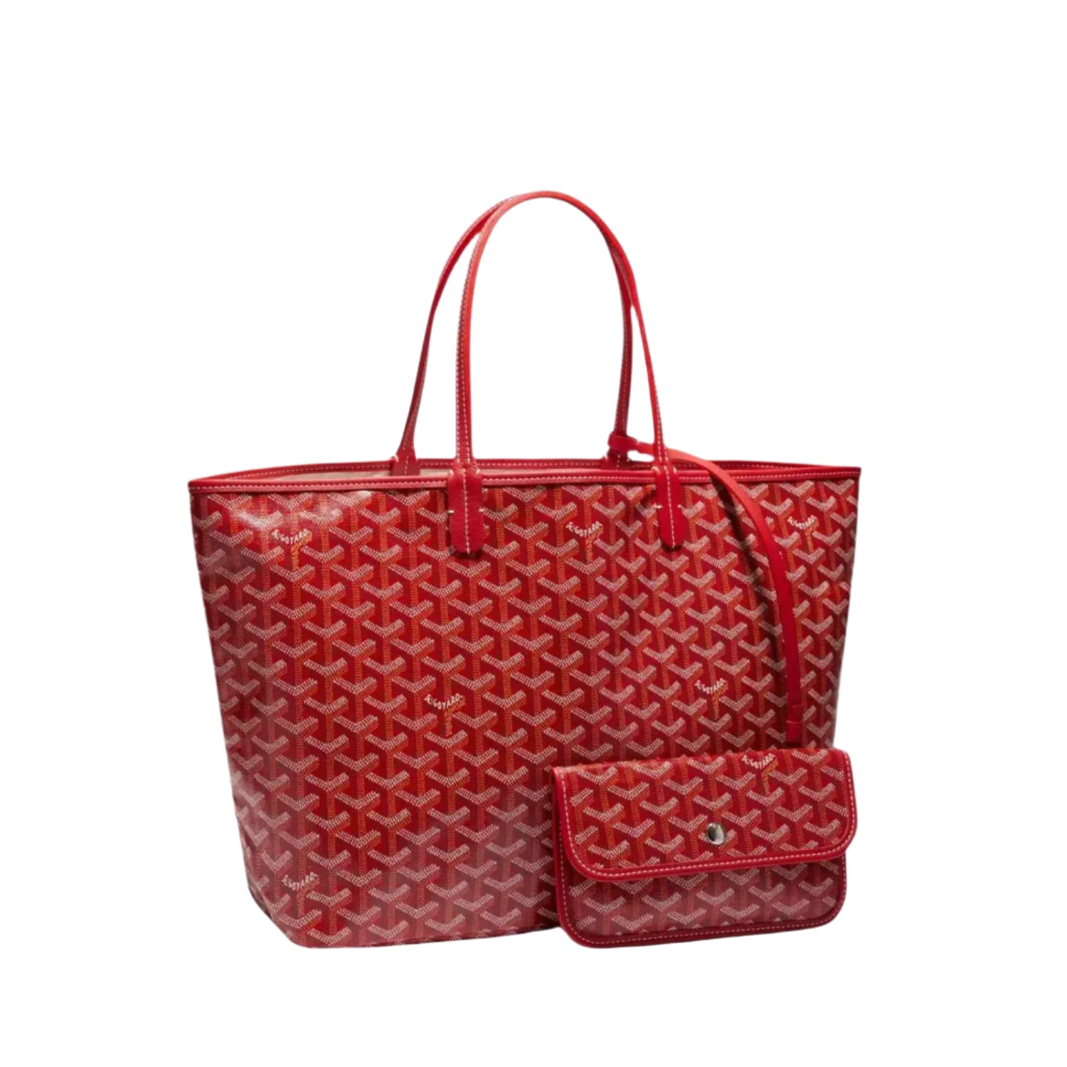 Red patterned handbag with matching pouch on a light gray background