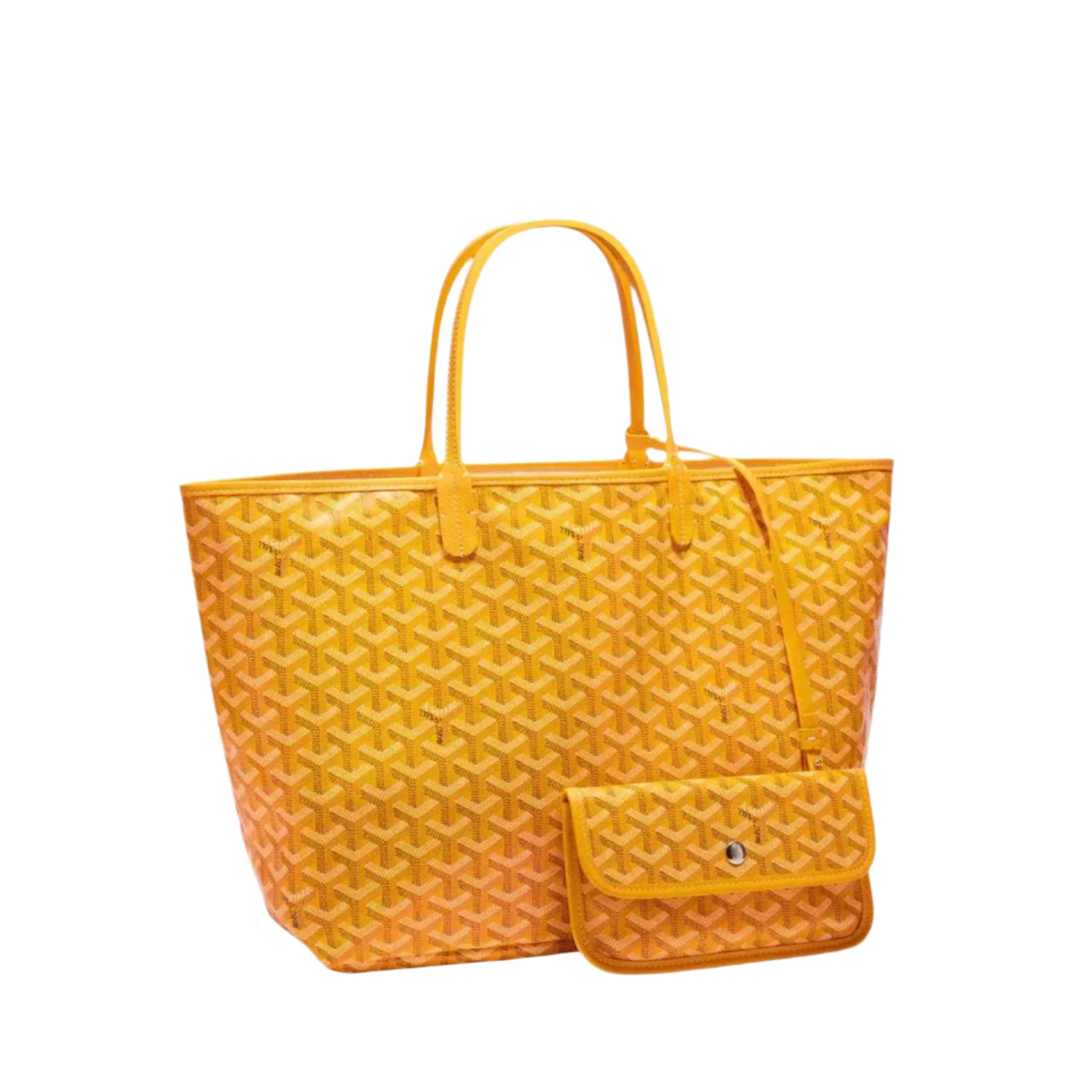 Yellow quilted handbag with matching pouch on a light gray background
