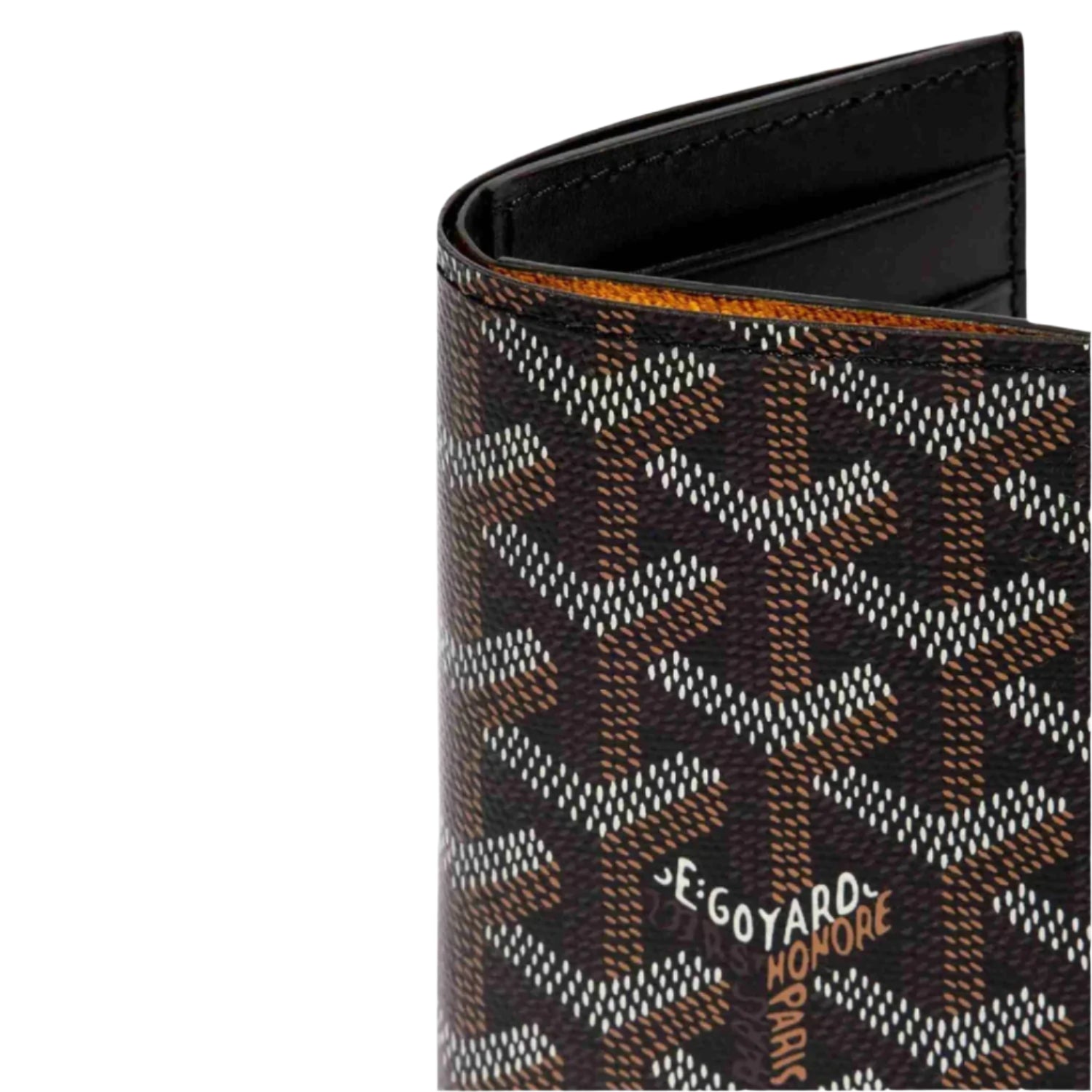 Close up of a Goyard patterned wallet with logo on a white background