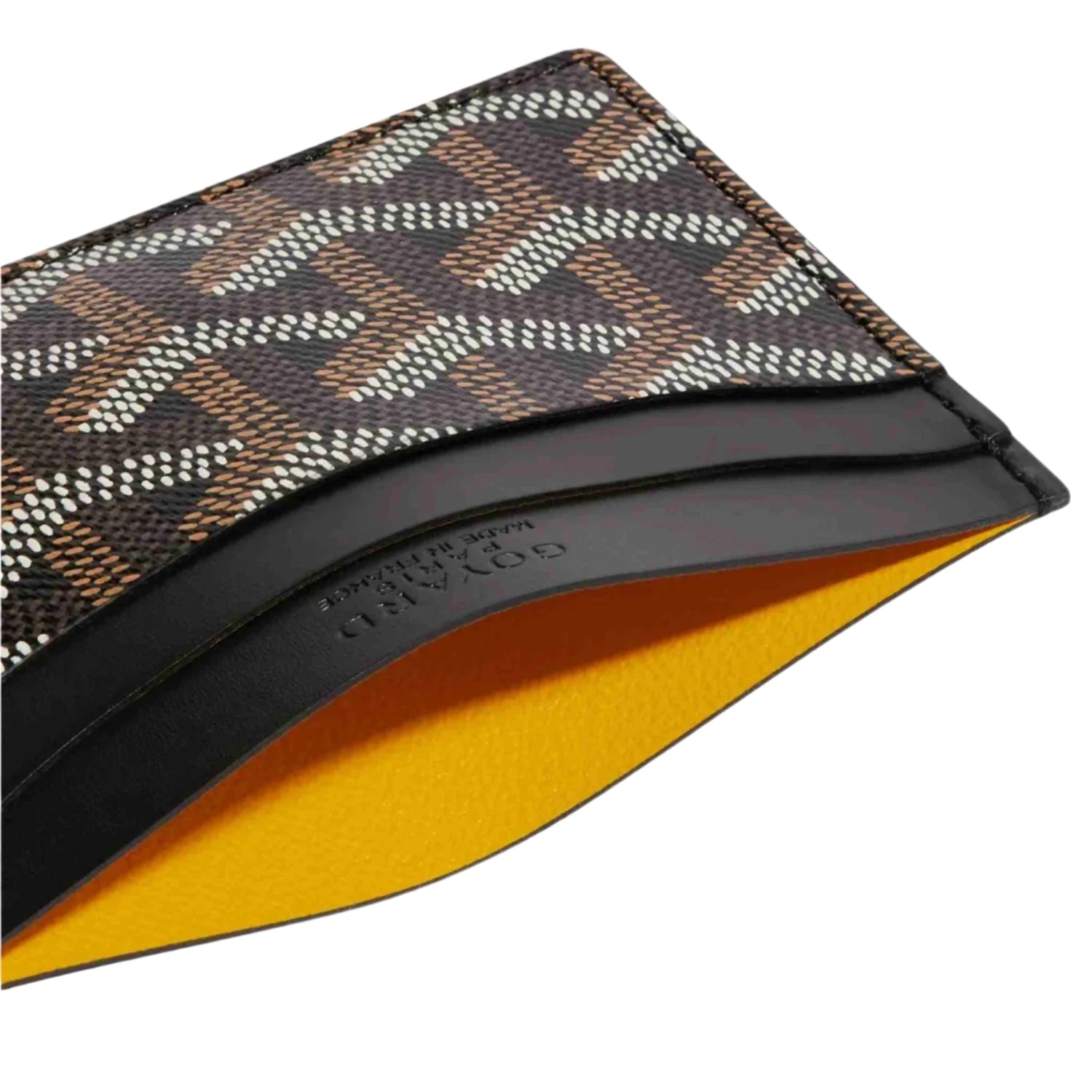 Close up Goyard cardholder wallet with iconic patterned design