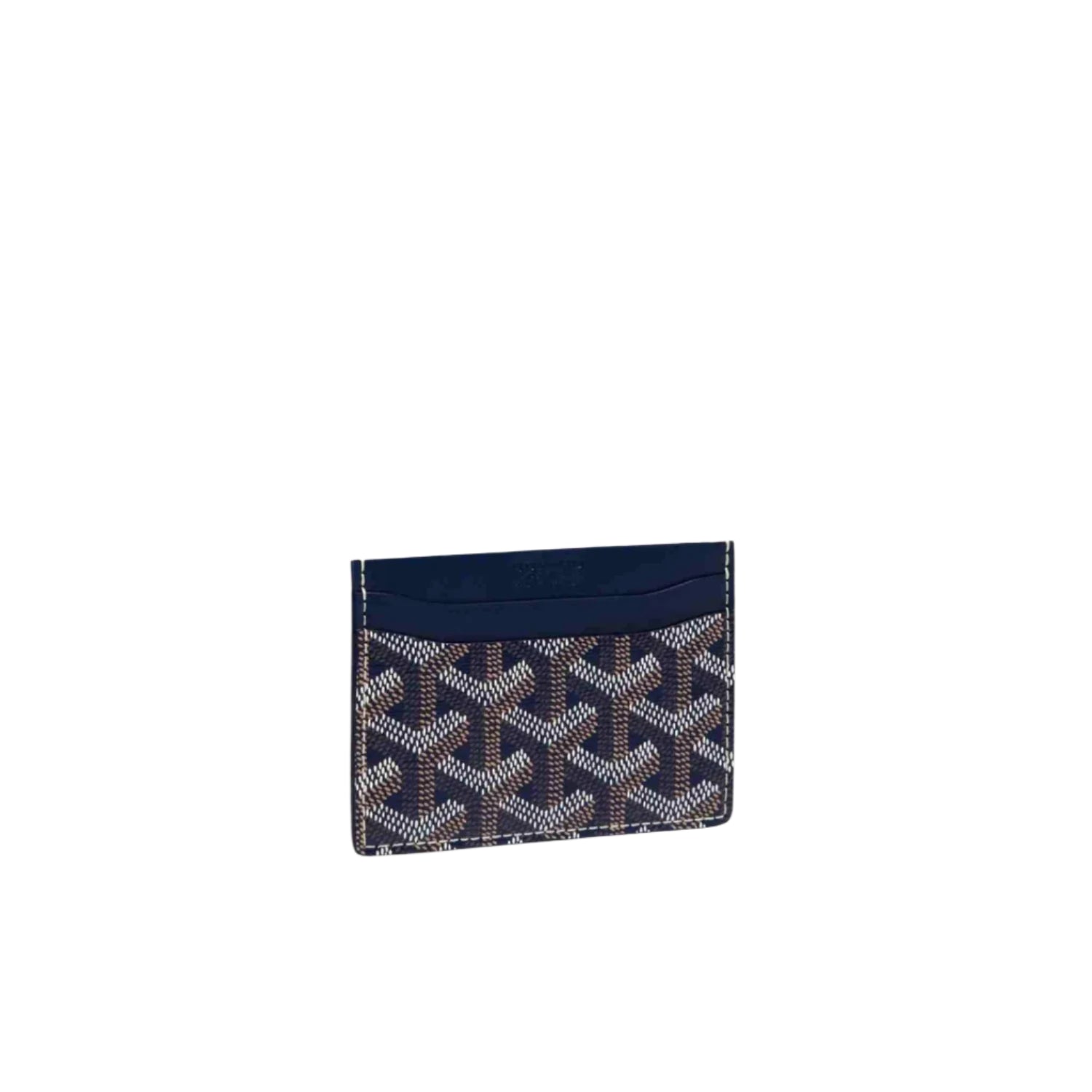 Navy Goyard cardholder wallet with iconic patterned design
