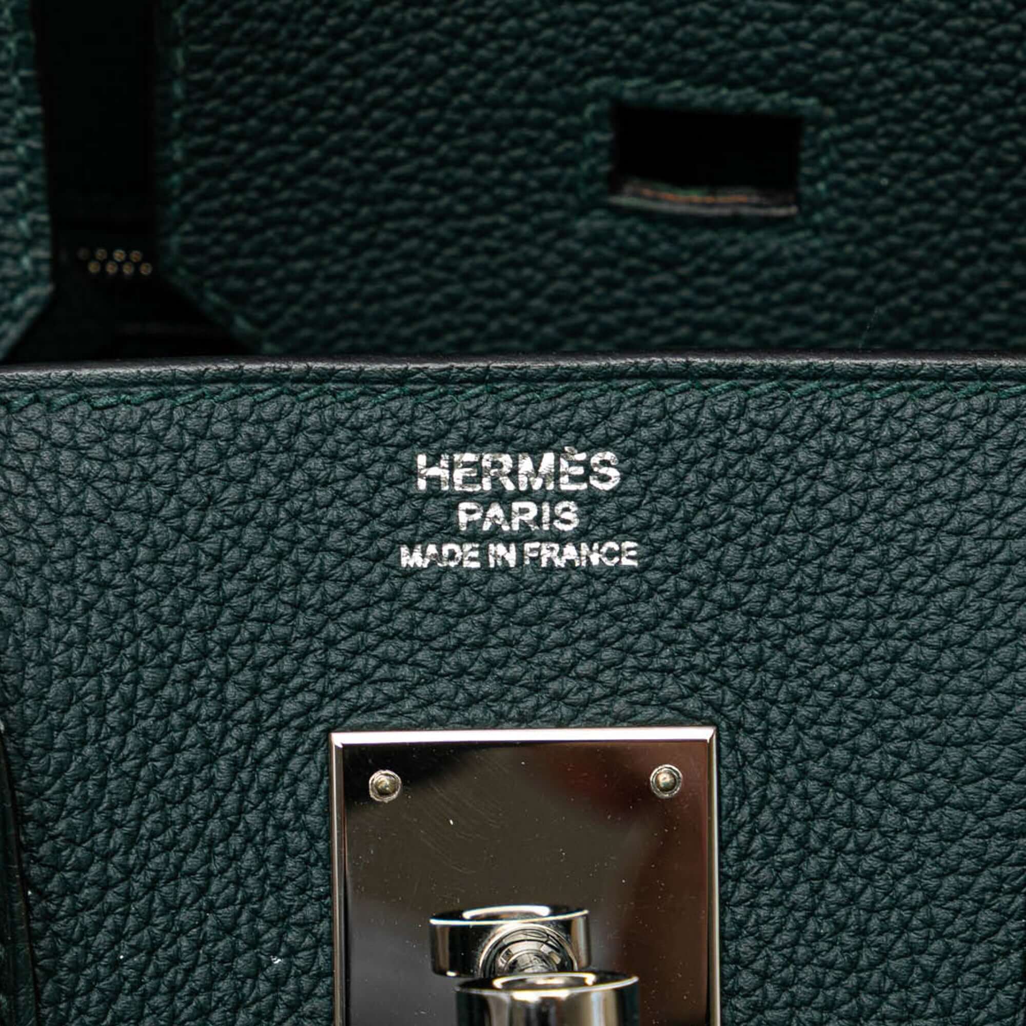 Pre-loved Hermès Birkin 30 Vert Cypress green Togo leather bag with palladium hardware
