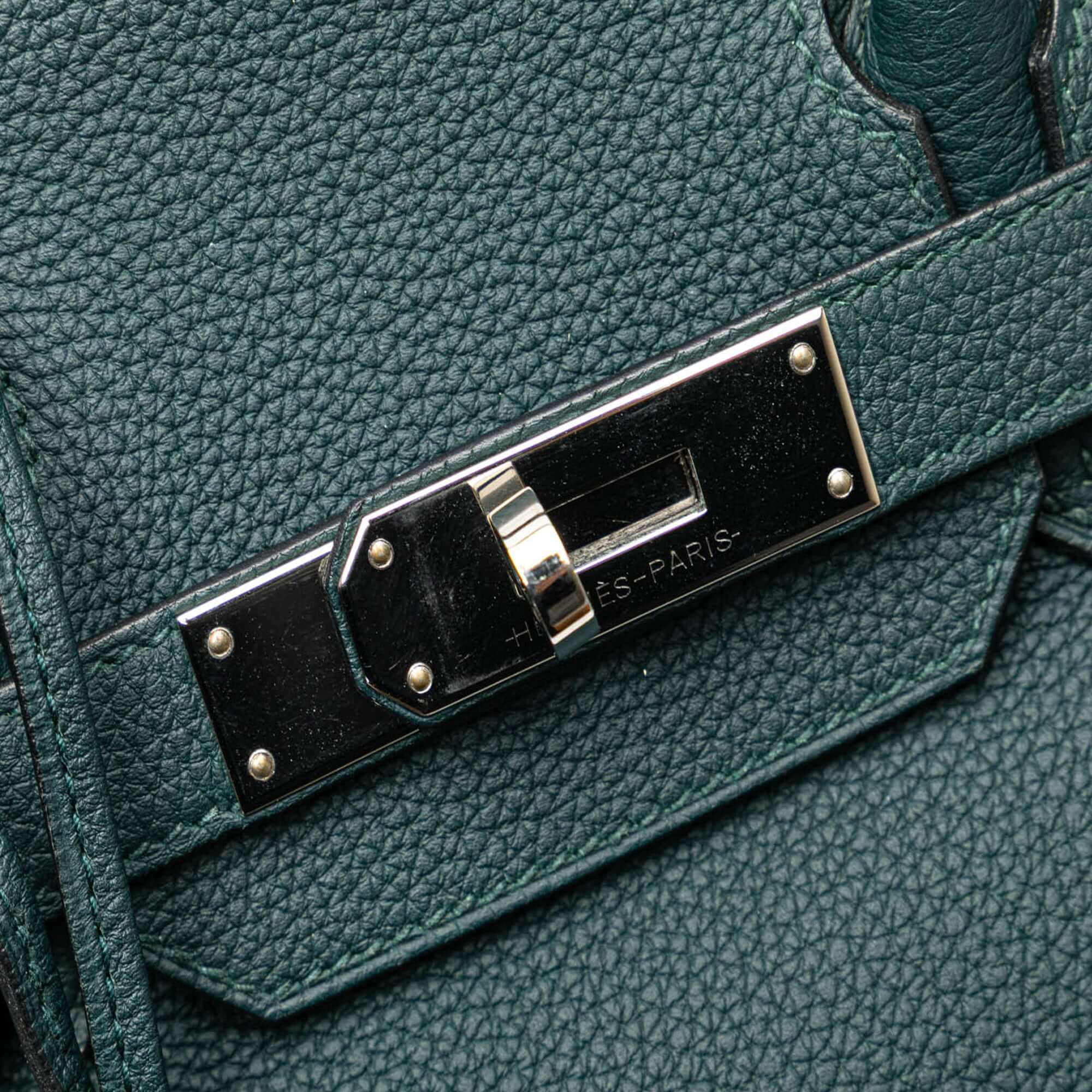 Pre-loved Hermès Birkin 30 Vert Cypress green Togo leather bag with palladium hardware
