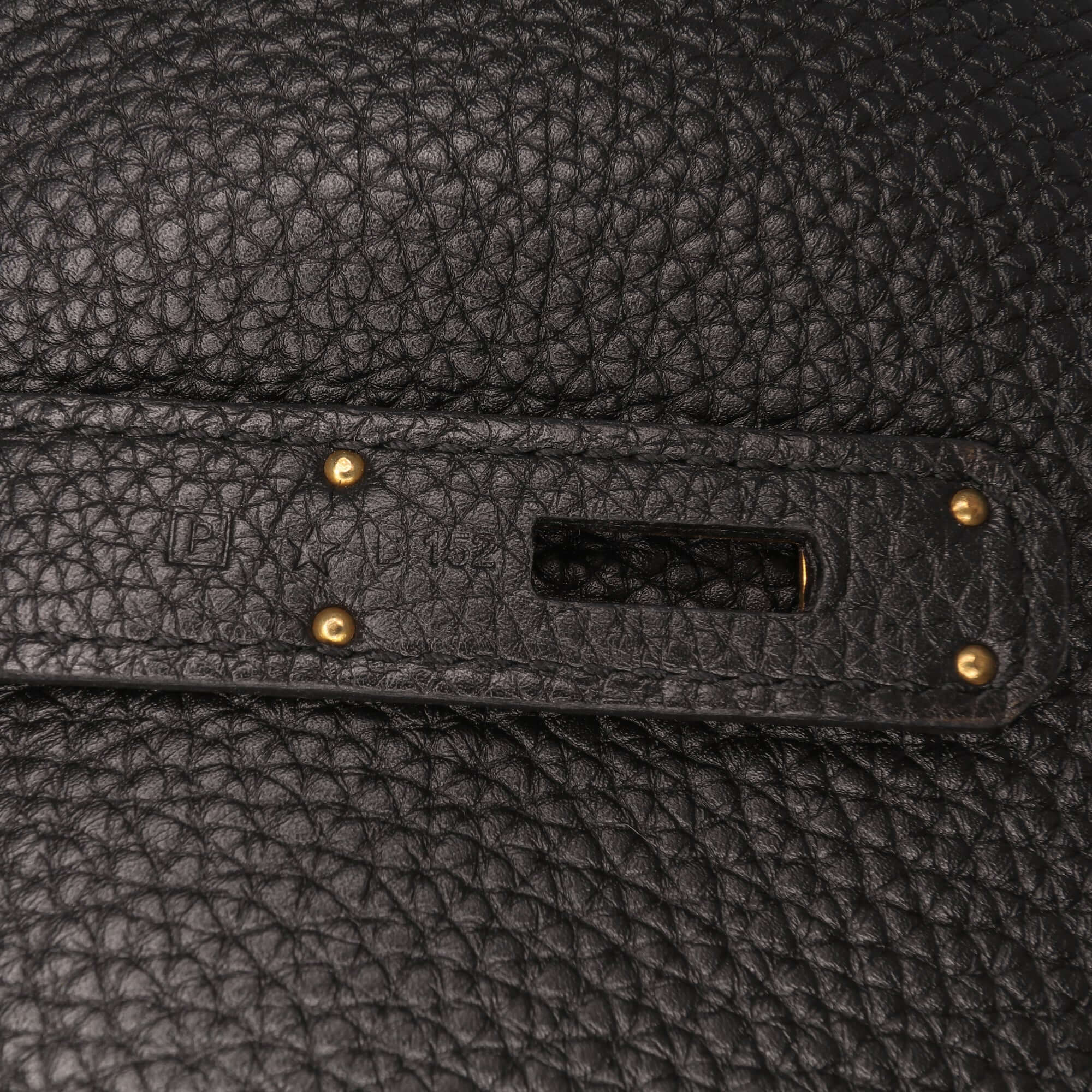 Pre-loved Hermès Birkin 35 Black Togo Leather Handbag from 2012 with Lock Set stamp close up 