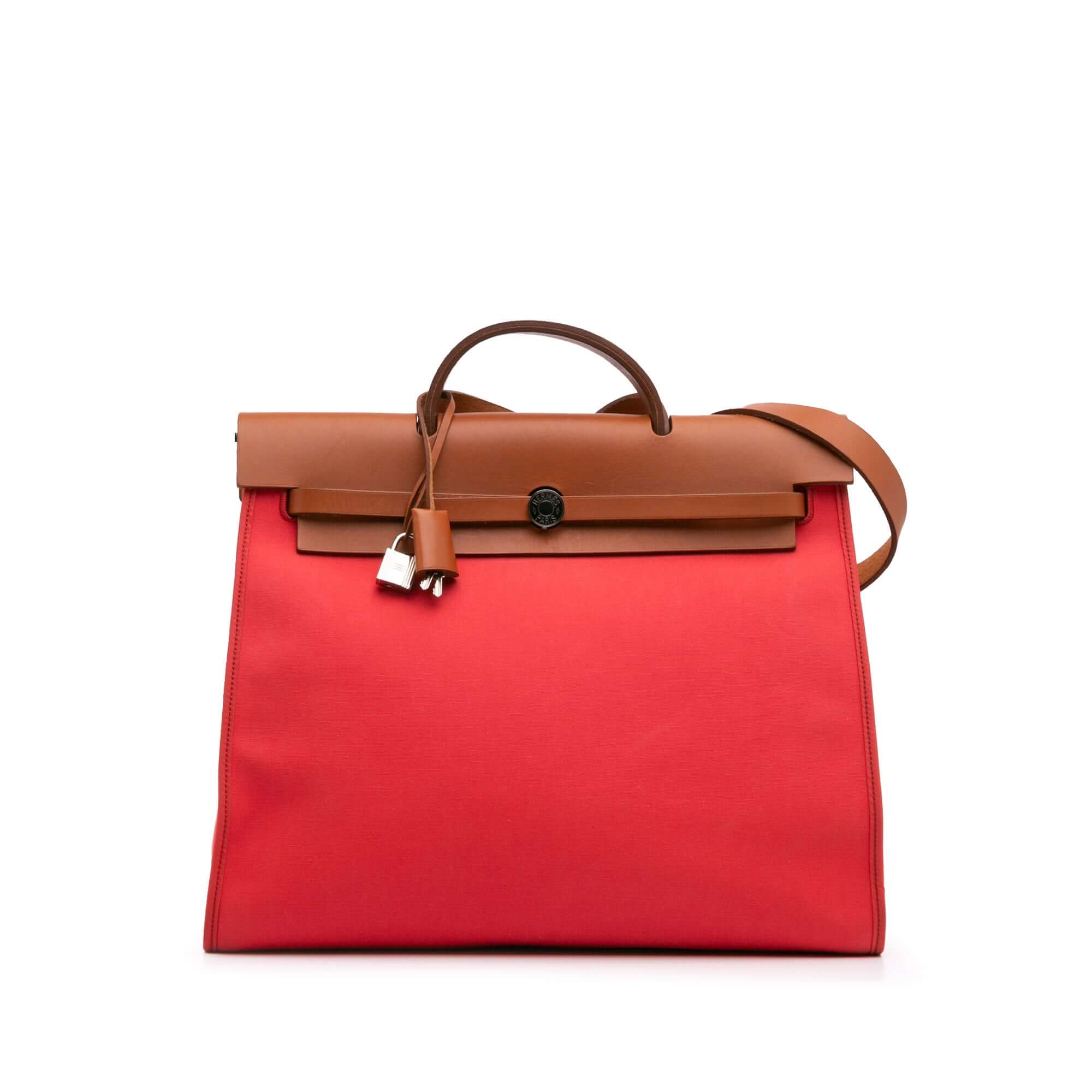 Front view of a Pre-loved Hermès Herbag Zip 39 in pink canvas with leather trim and detachable pouch
