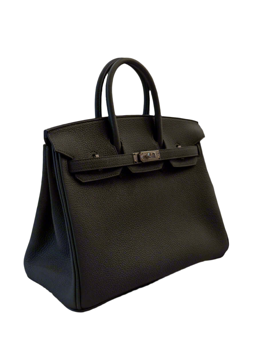 angled view of an hermes birkin 25 handbag featuring a vert fonce togo leather and palladium hardware