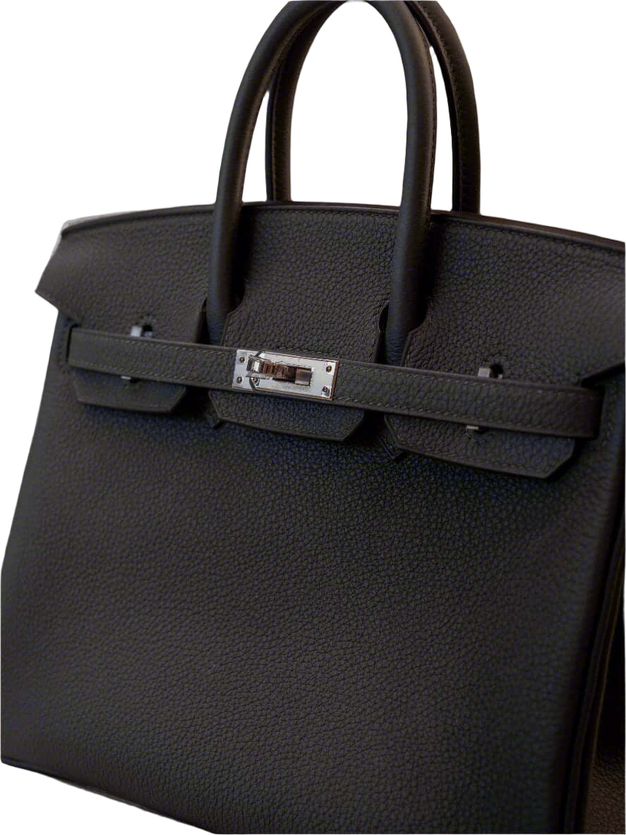 angled view of an hermes birkin 25 hadnbag with vert fonce coloured togo leather and palladium hardware