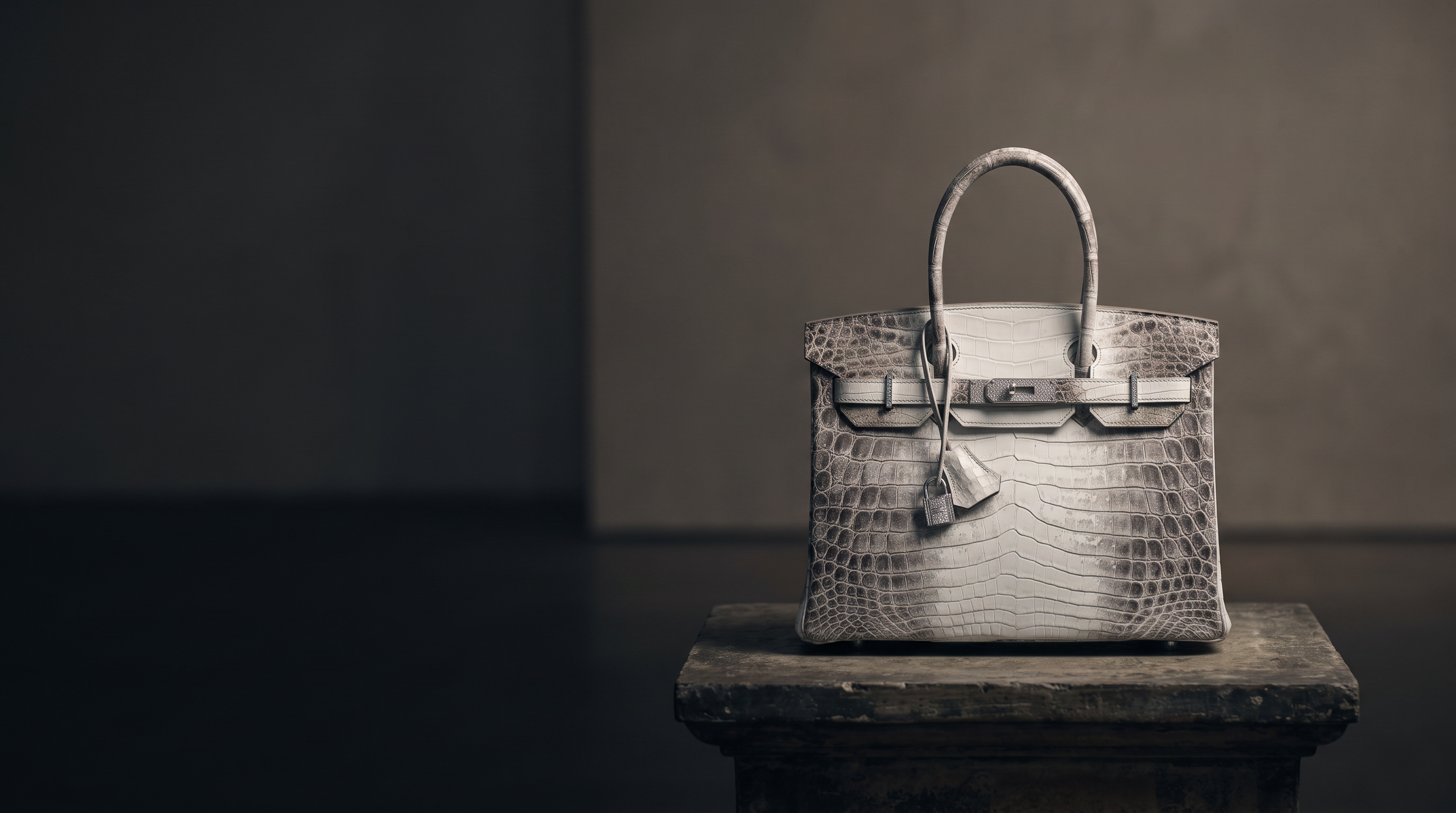 A structured crocodile-embossed handbag in a light metallic silver tone, displayed on a dark wooden pedestal against a dark, moody studio background.
