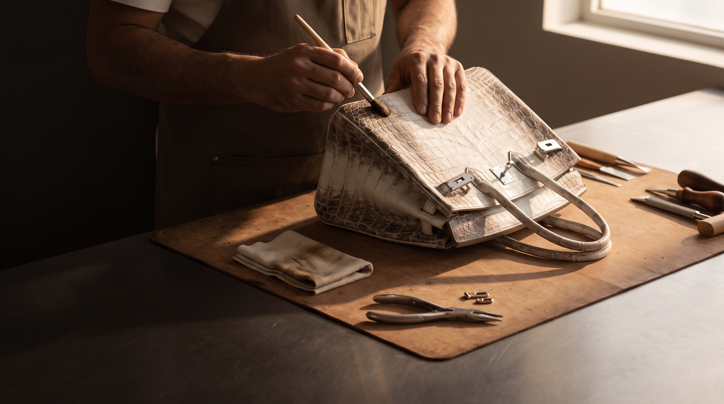 A close-up of an hermes himalaya handbag being customized or repaired on a workbench by a craftsman. The handbag has a textured crocodile-embossed pattern in beige and brown tones with silver-tone hardware.