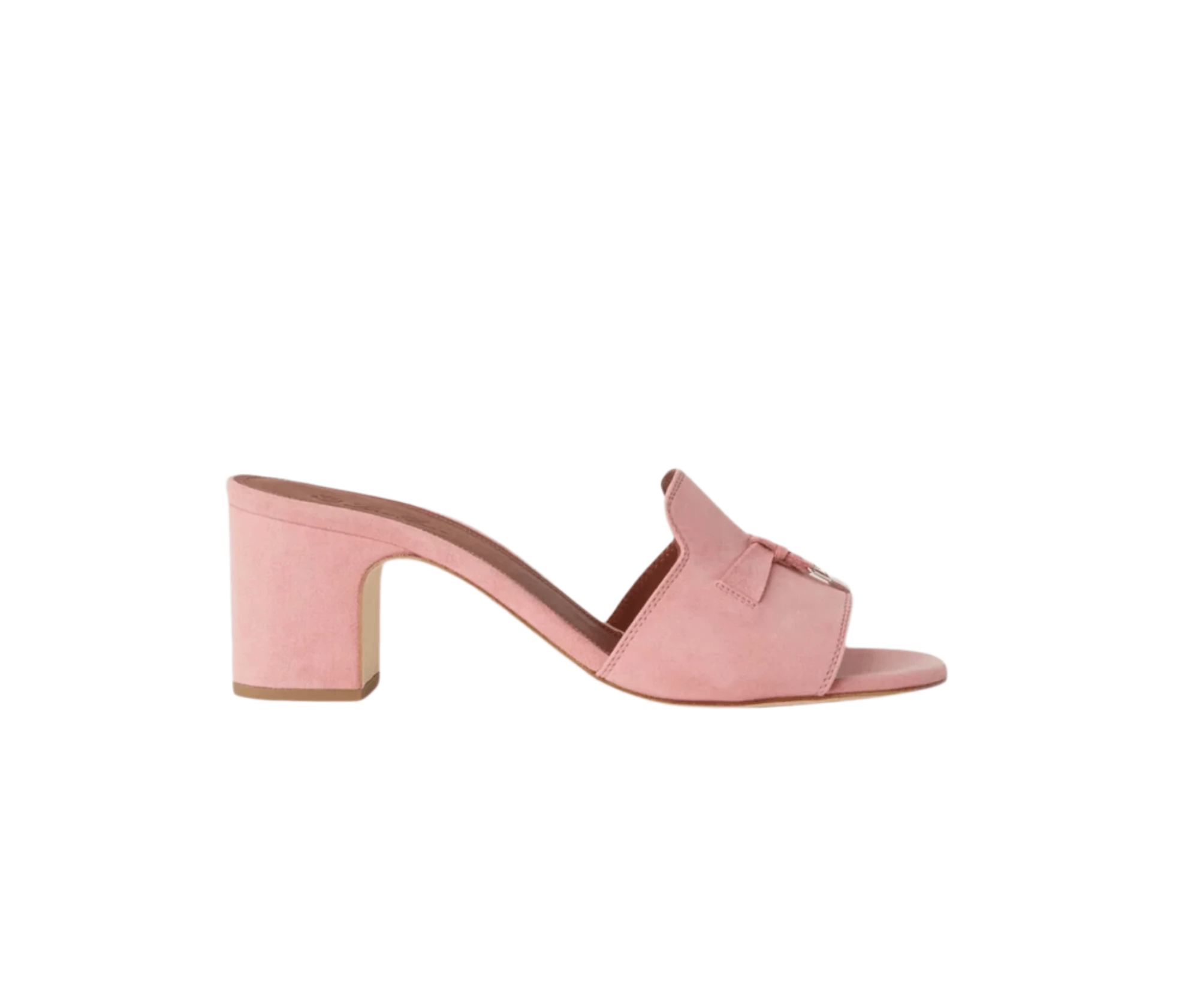 Side profile of Loro Piana suede heeled sandal with 5.5 cm heel and kummel-striped leather sole
