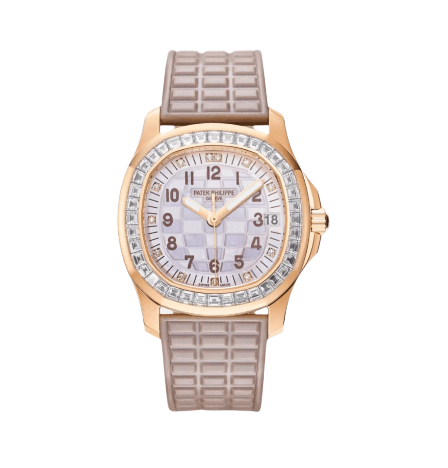 Front view of Patek Philippe Aquanaut 5072R-001 in rose gold with mother-of-pearl dial and baguette diamond bezel
