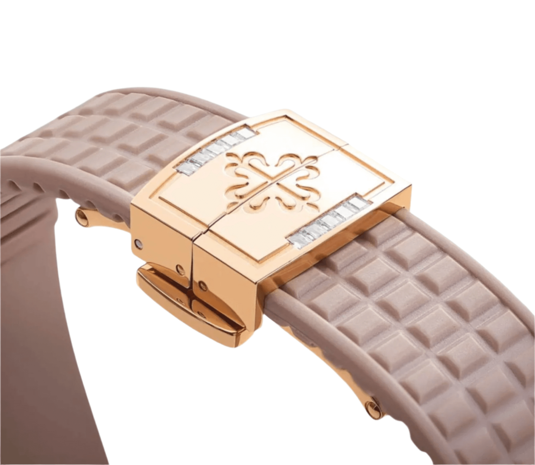 Patek Philippe Aquanaut 5072R-001 in rose gold with mother-of-pearl dial and baguette diamond bezel clasp view
