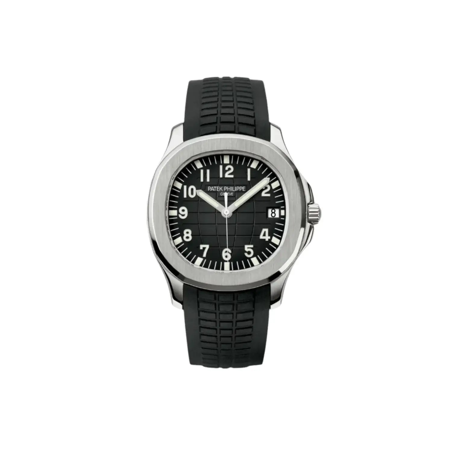 Watch with black dial and rubber strap on a white background