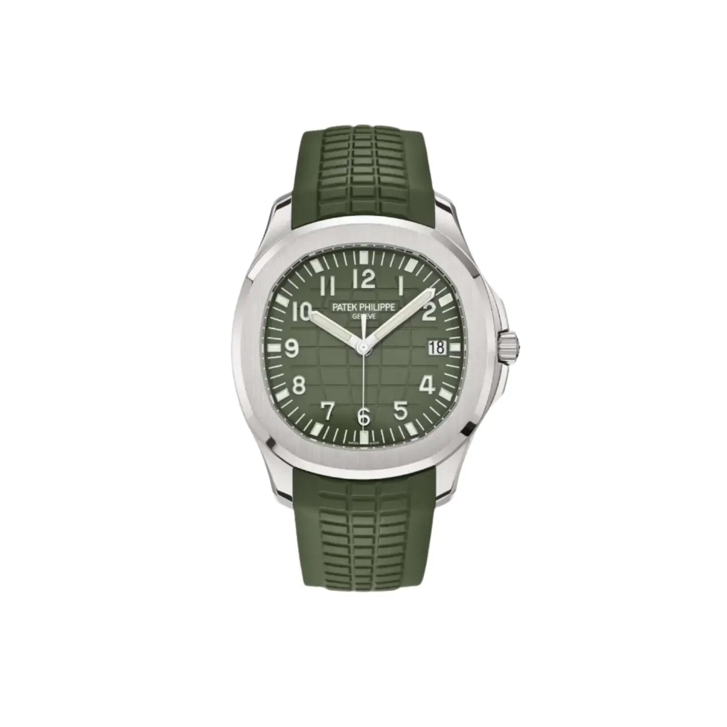 Green watch with silver case on a white background