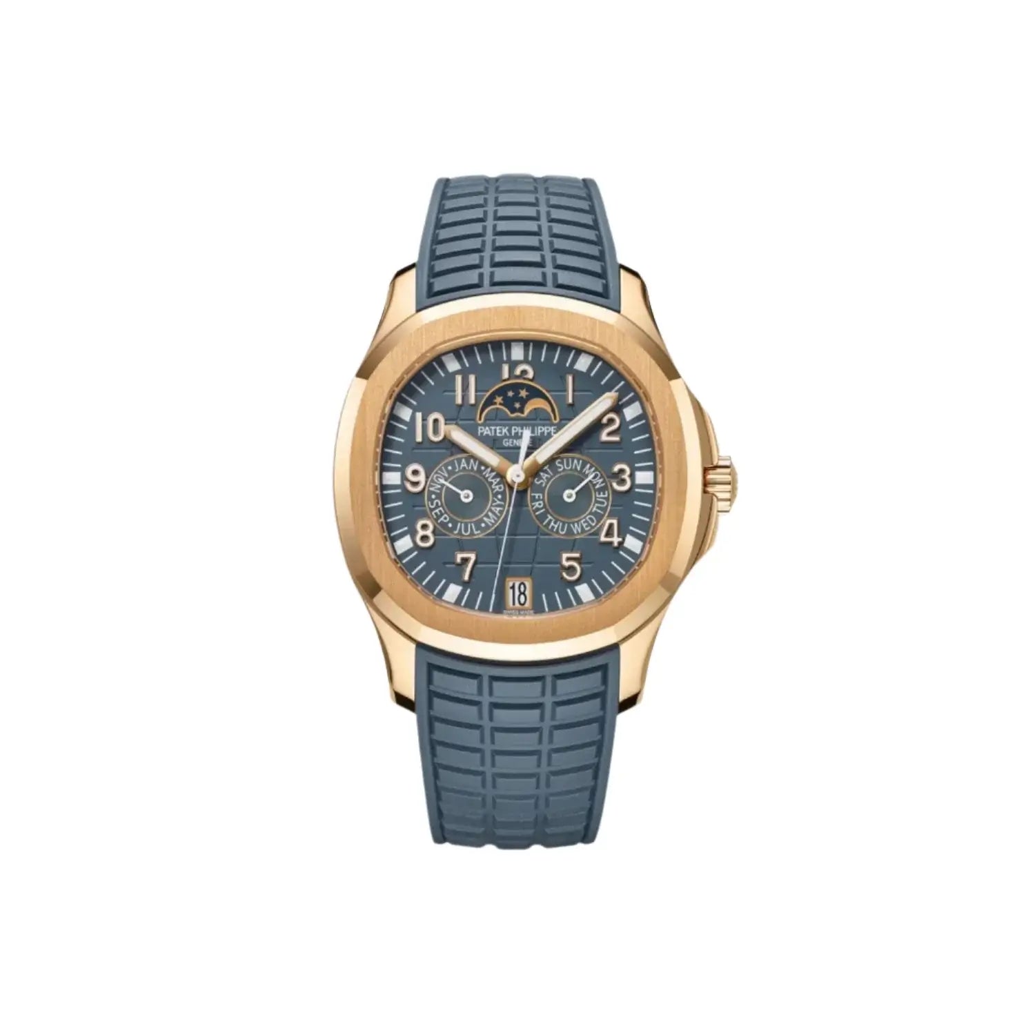 Watch with blue strap and gold case on a light gray background
