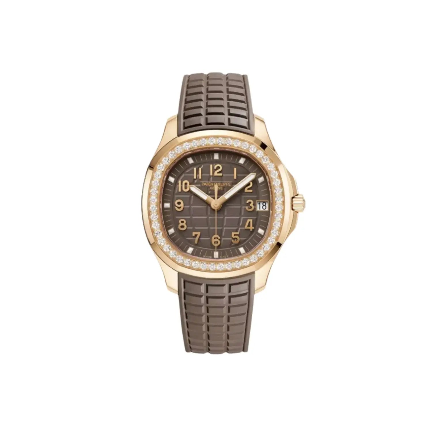 Front view of New Patek Philippe Aquanaut Luce 5268/200R-010 in rose gold with taupe dial and diamond-set bezel
