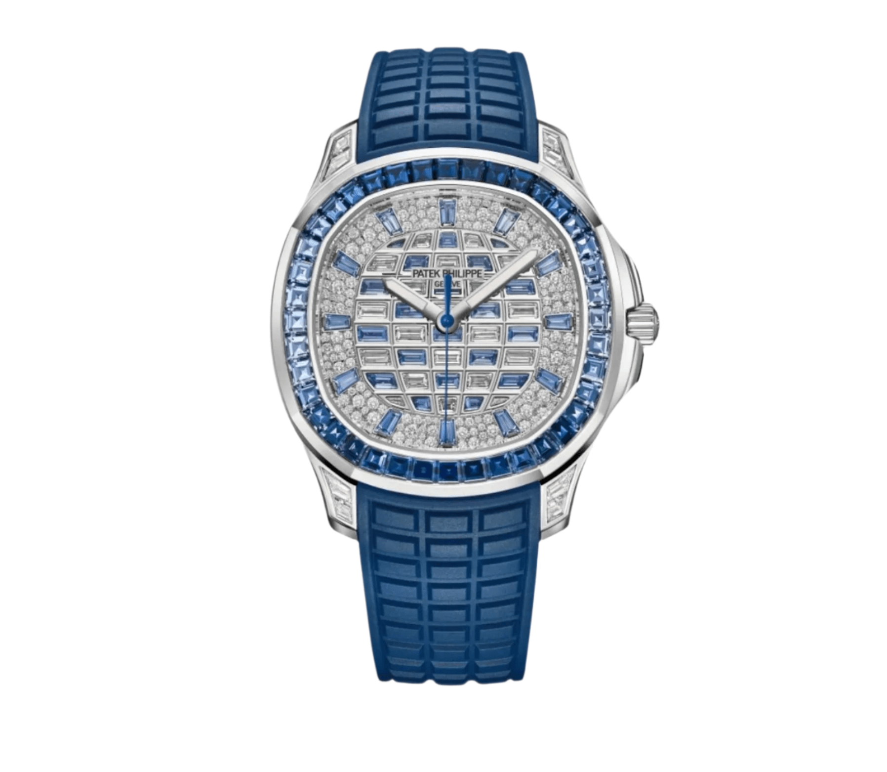 front view of Patek Philippe Aquanaut Luce 5268/461G-001 in white gold with sapphire and diamond-set bezel and checkerboard dial
