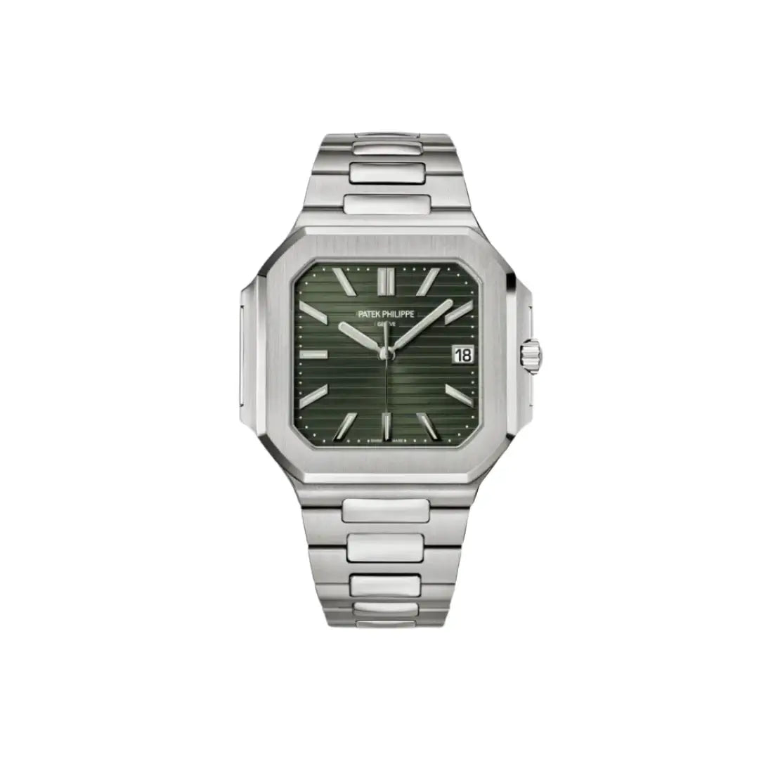 Silver watch with green dial on a white background
