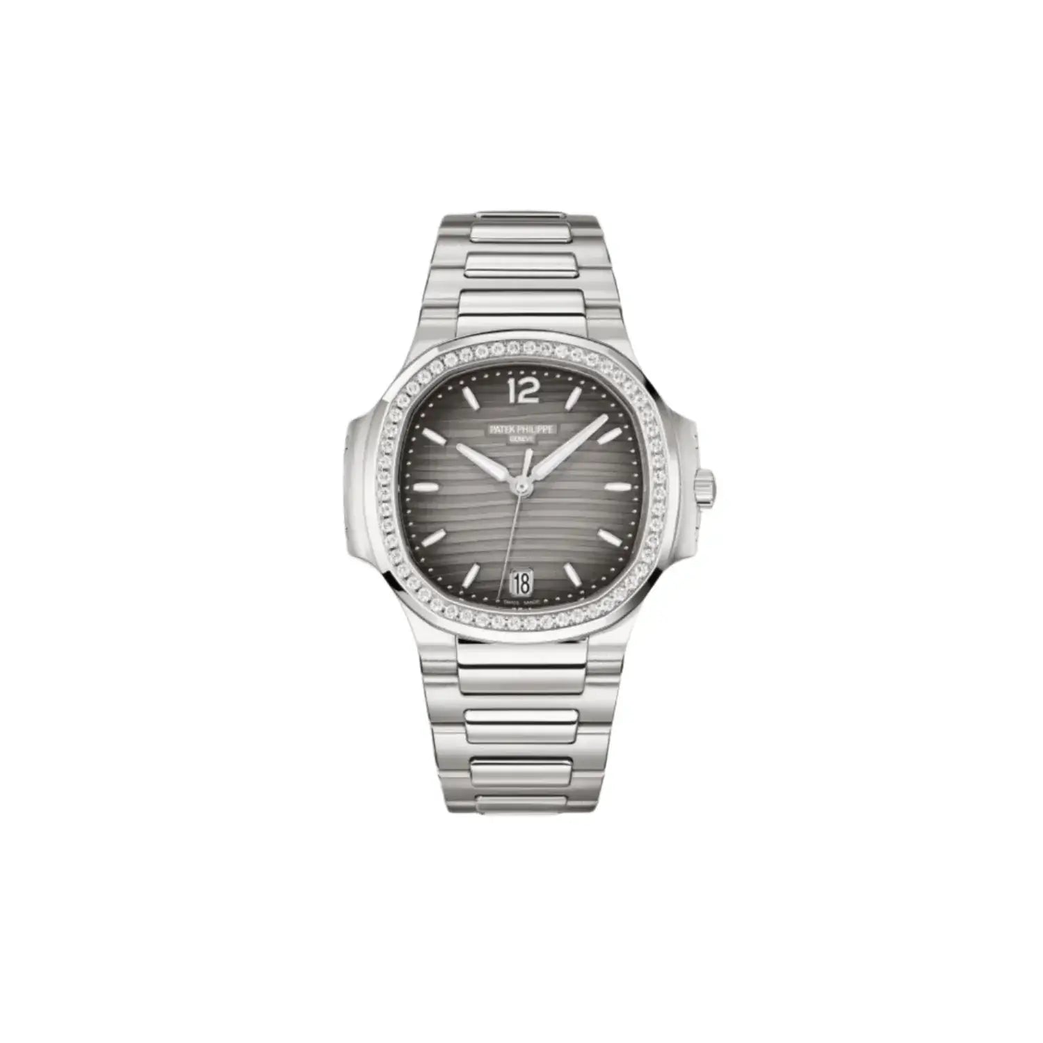 Silver watch with a dark face on a light gray background