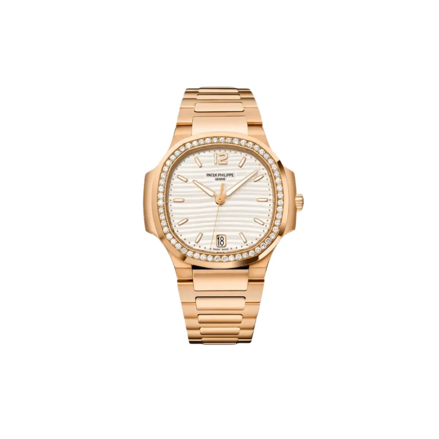 Rose gold watch with diamond-studded bezel on a light gray background