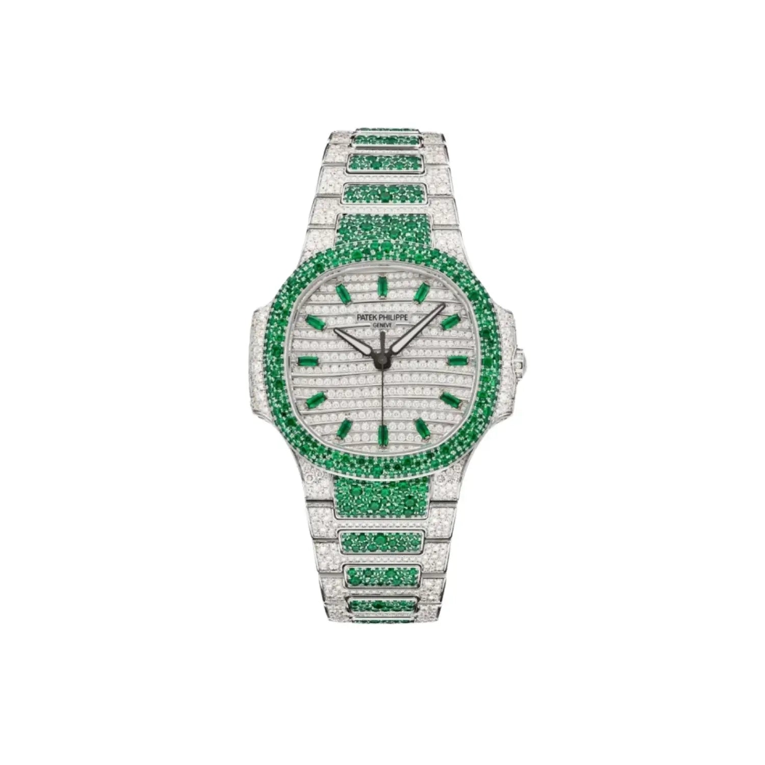 Front view of a New Patek Philippe Nautilus 7118/1453G-001 with full emerald and diamond pavé in white gold
