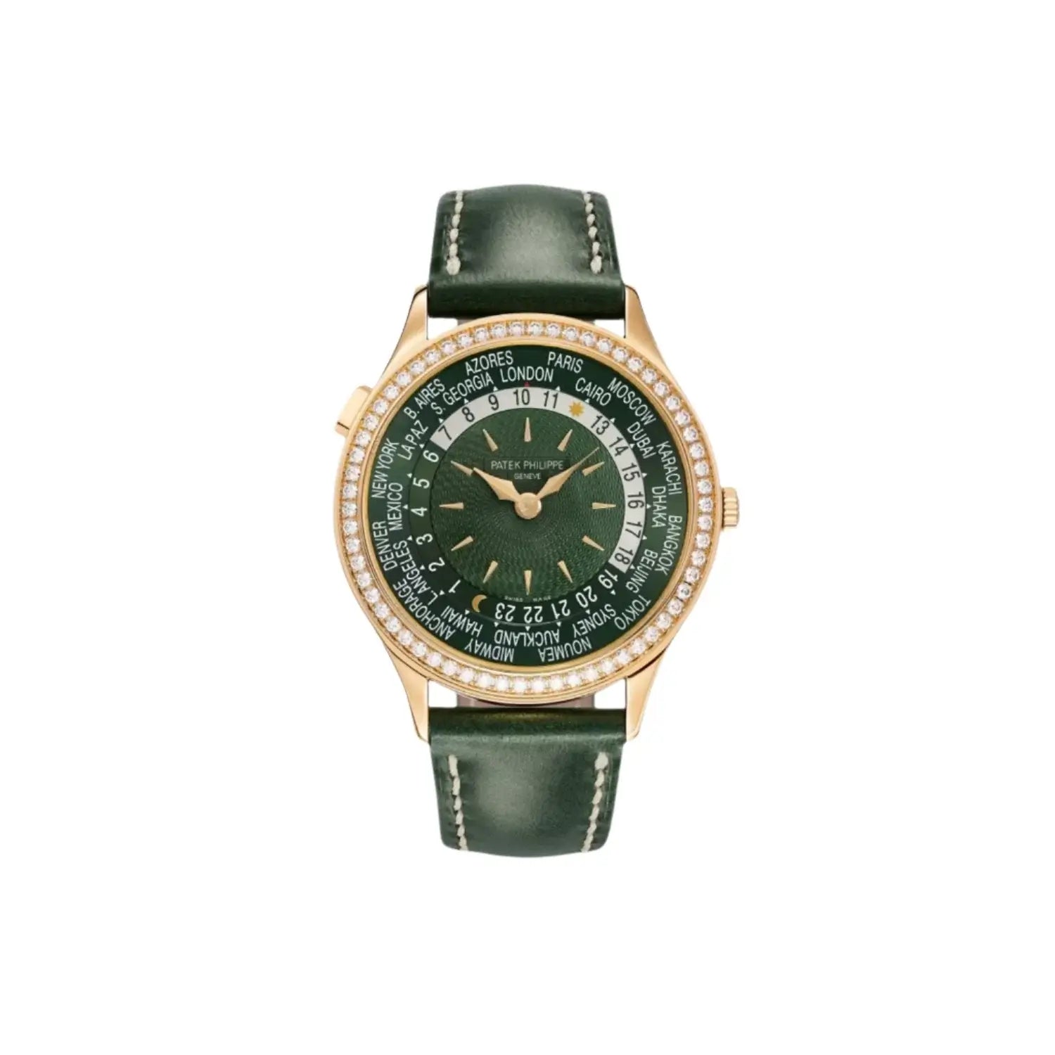 Green watch with a detailed face on a white background
