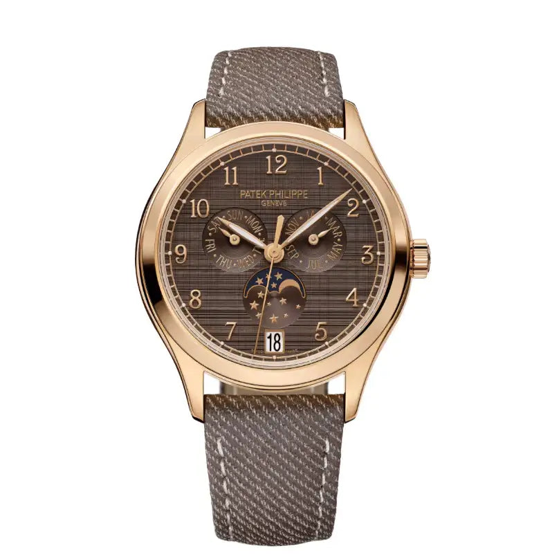 Patek Philippe watch with brown face and gray strap on white background