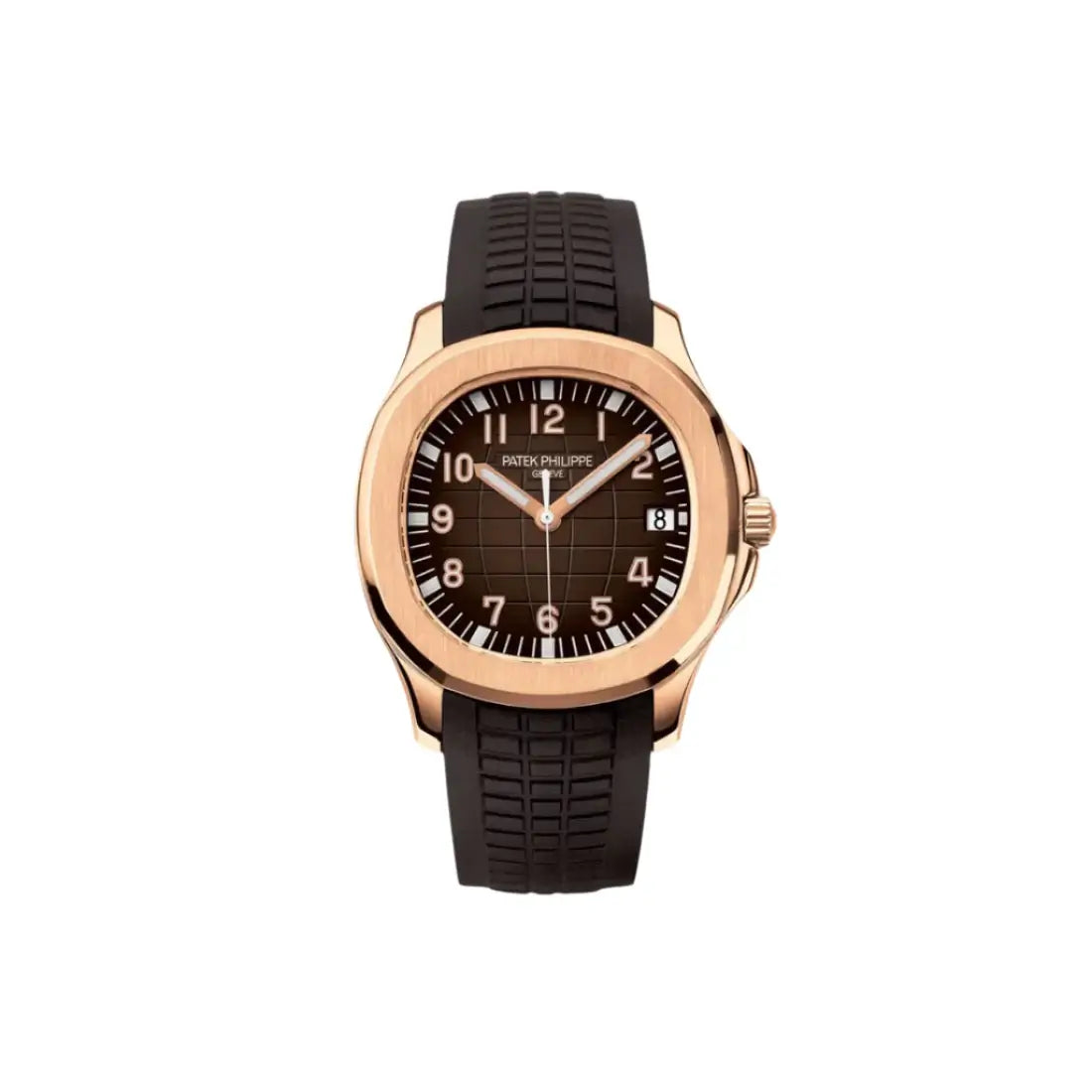 Watch with black dial and rose gold case on a white background