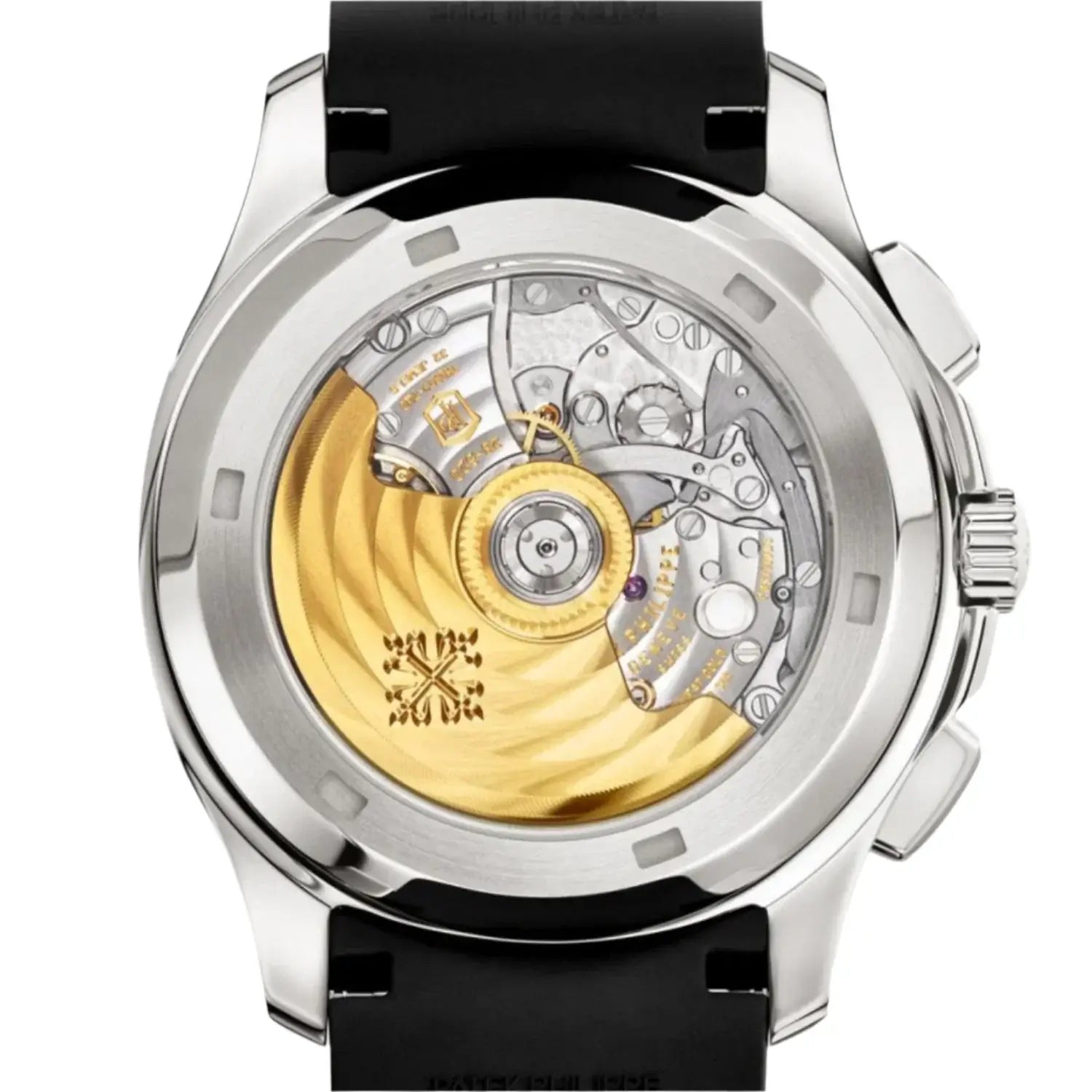 Watch with black strap and gold and silver mechanical components on a white background