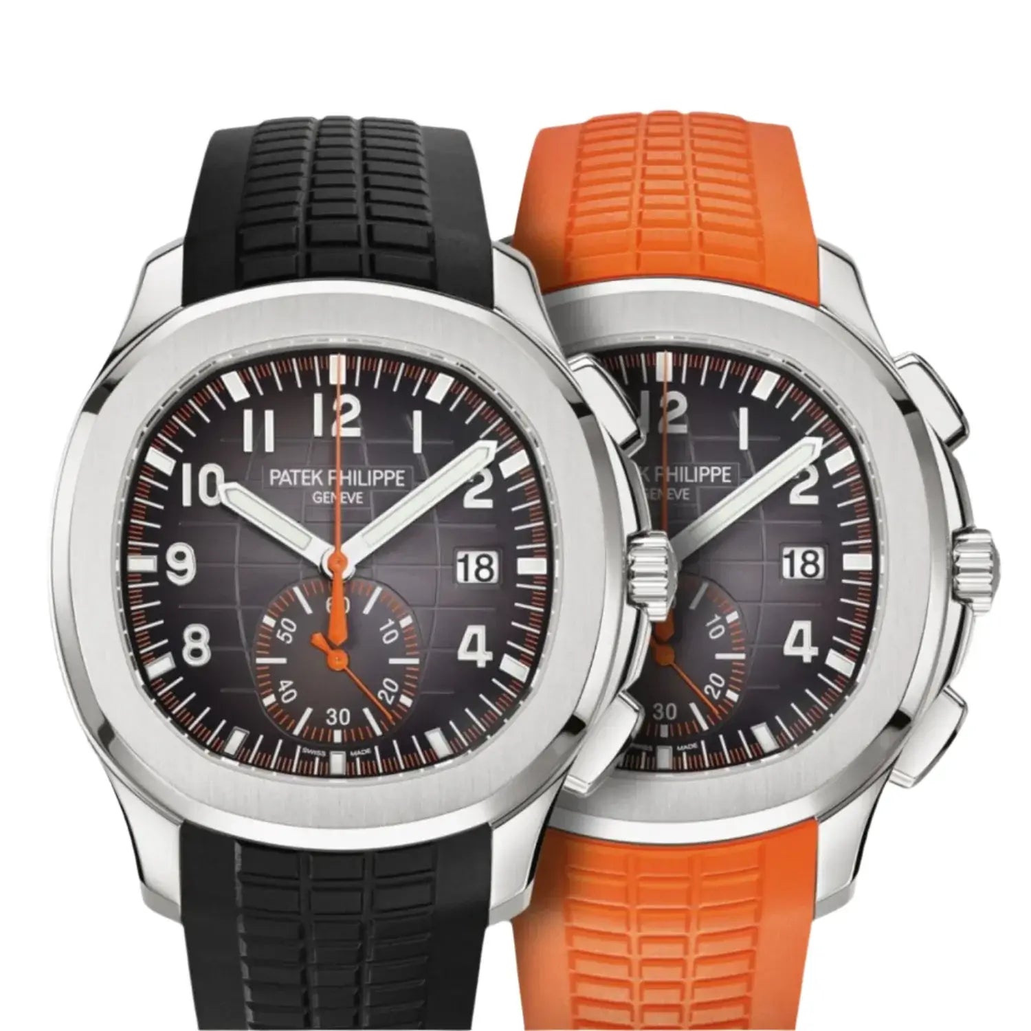 Two Patek Philippe watches with black and orange straps on a white background
